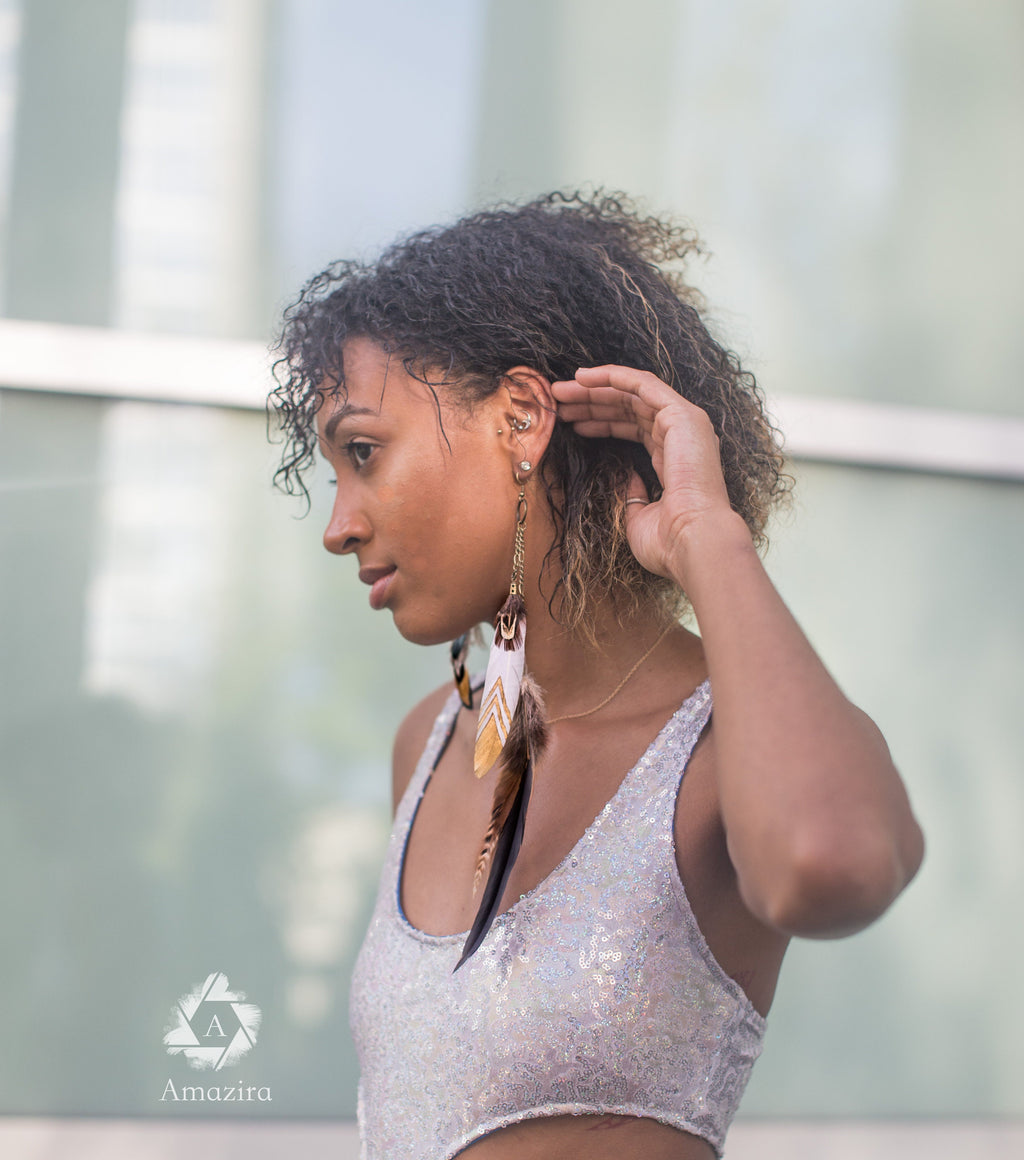 Natural extra Long Feather Earrings, drop chain earrings, Rooster Grizzly feathers, Boho hippie feather statement, bestfriend gift for her