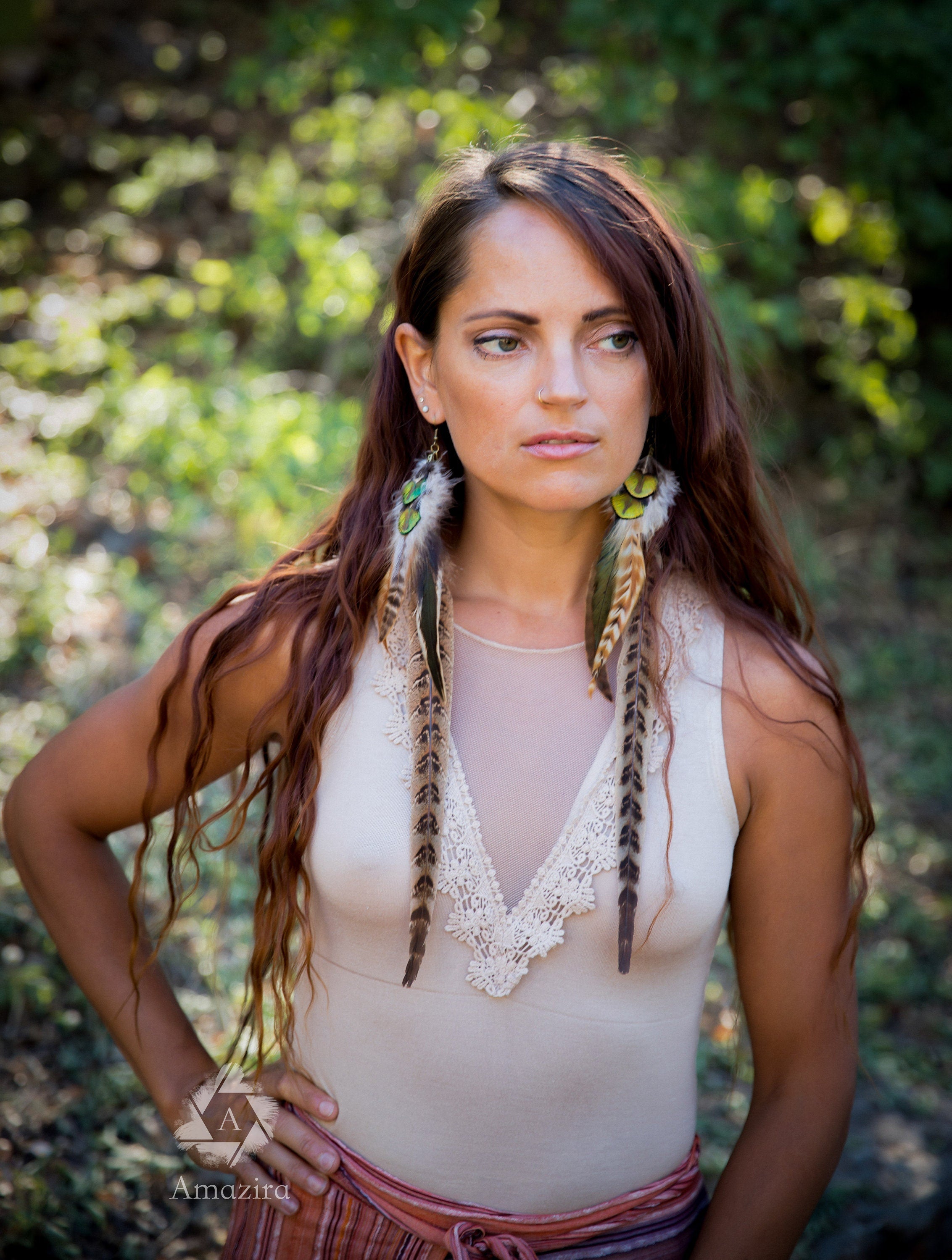 Extra long pheasant and peacock earrings