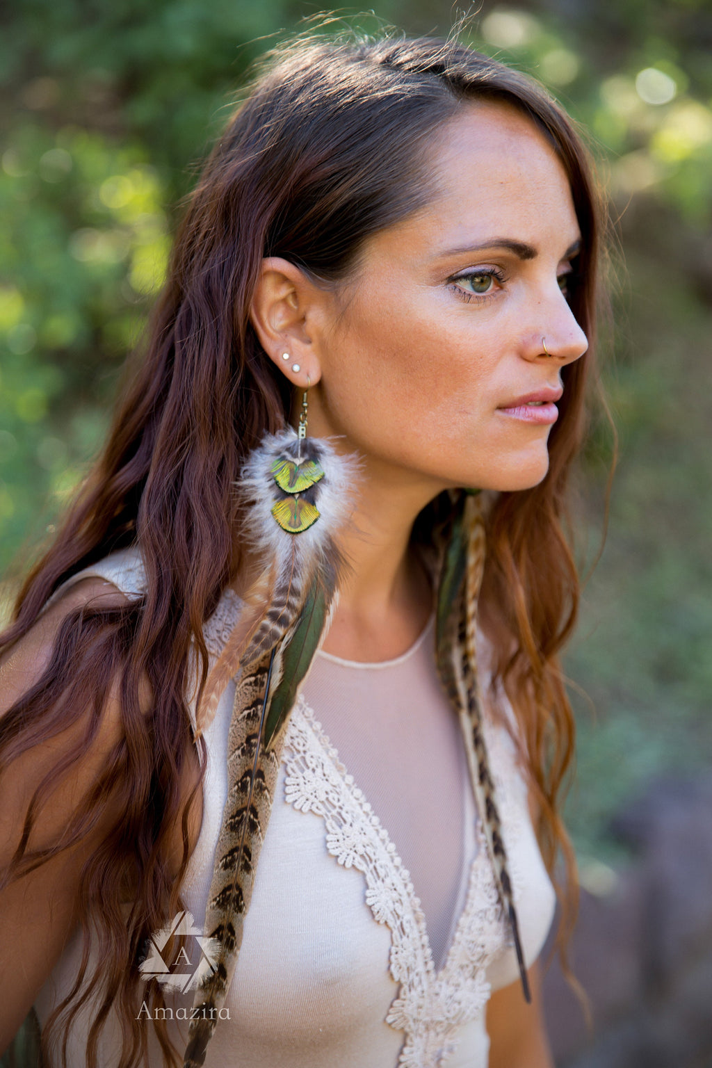Extra long pheasant and peacock earrings