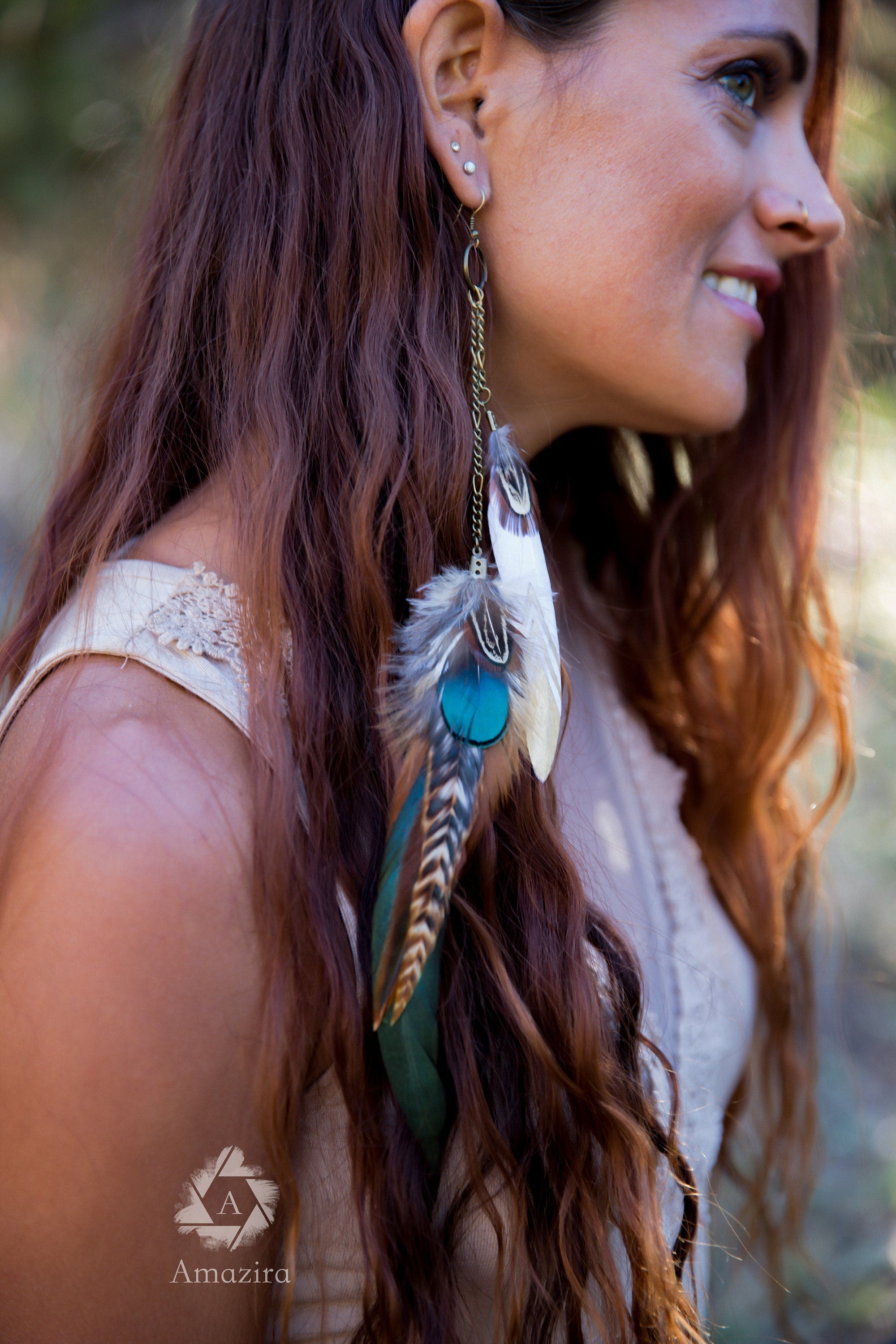Natural extra Long Feather Earrings, drop chain earrings, Rooster Grizzly feathers, Boho hippie feather statement, bestfriend gift for her