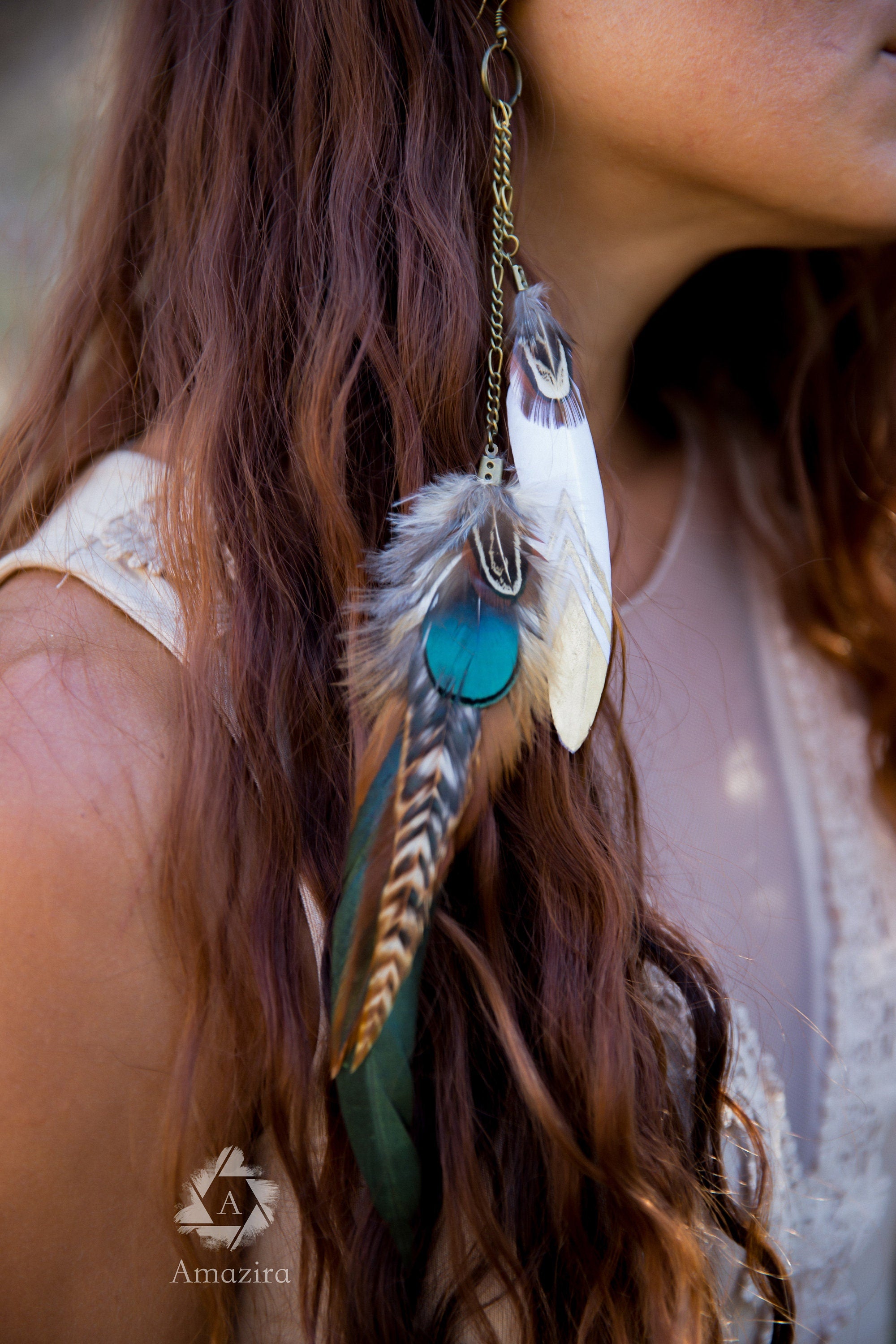 Natural extra Long Feather Earrings, drop chain earrings, Rooster Grizzly feathers, Boho hippie feather statement, bestfriend gift for her