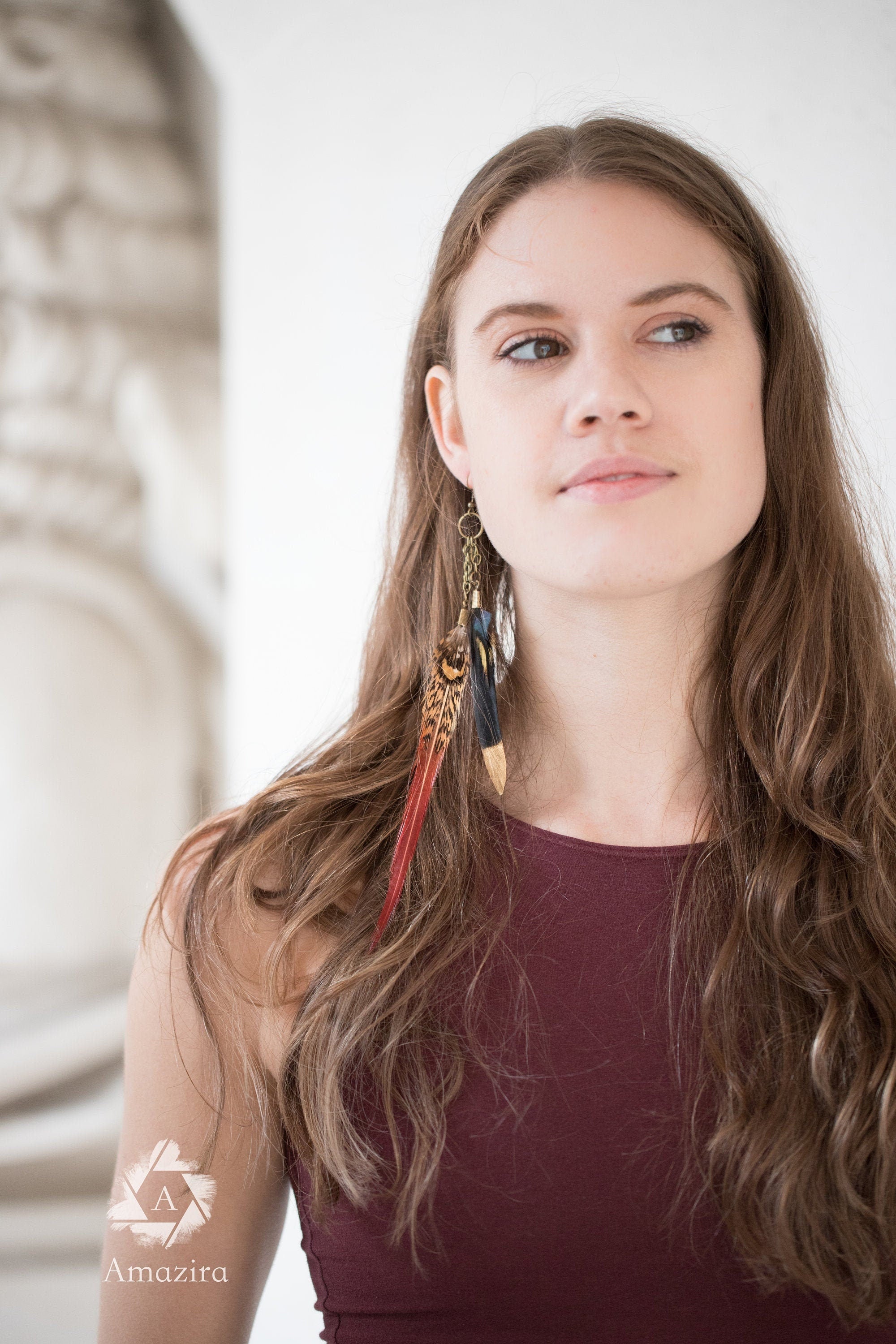 Long Boho Drop Chain Feather Earrings, Unique handmade Burning man dangle Jewelry, Tribal Boho hippie dangley statement, best friend gift,