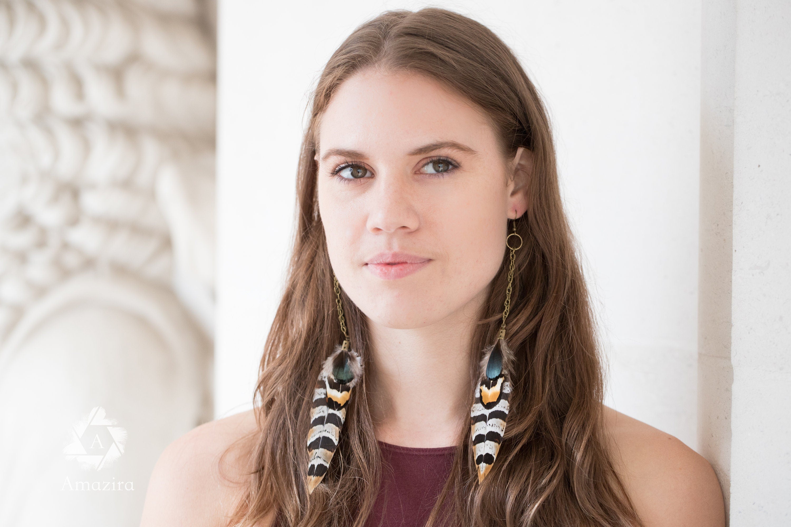 Handmade chain natural striped feather earrings