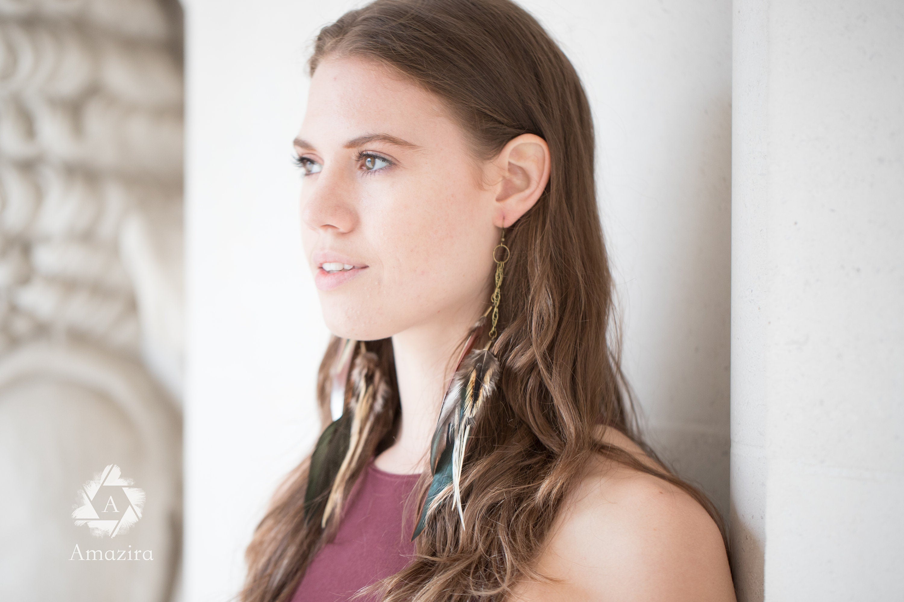 Extra long dangle natural feather earrings