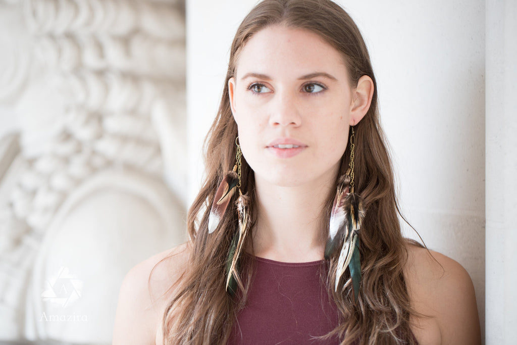 Extra long dangle natural feather earrings