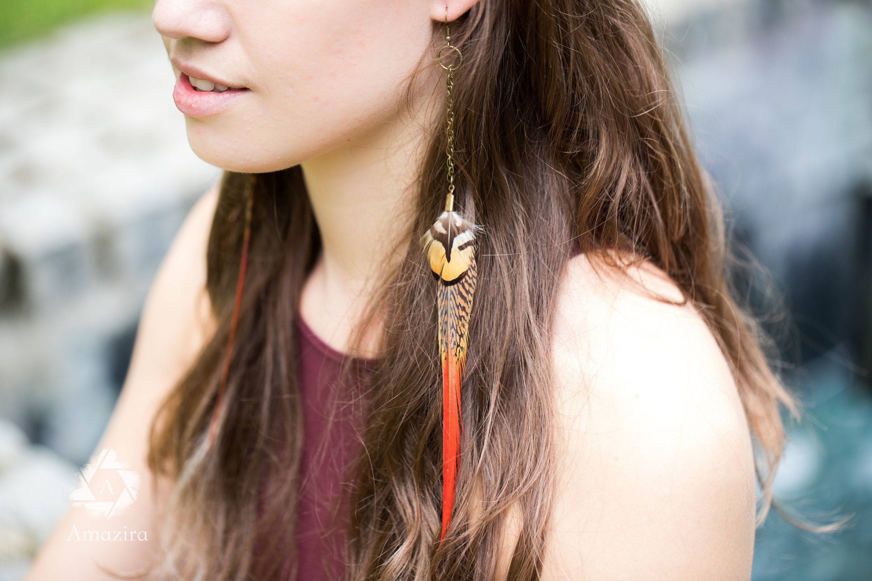 Red sword feather earrings