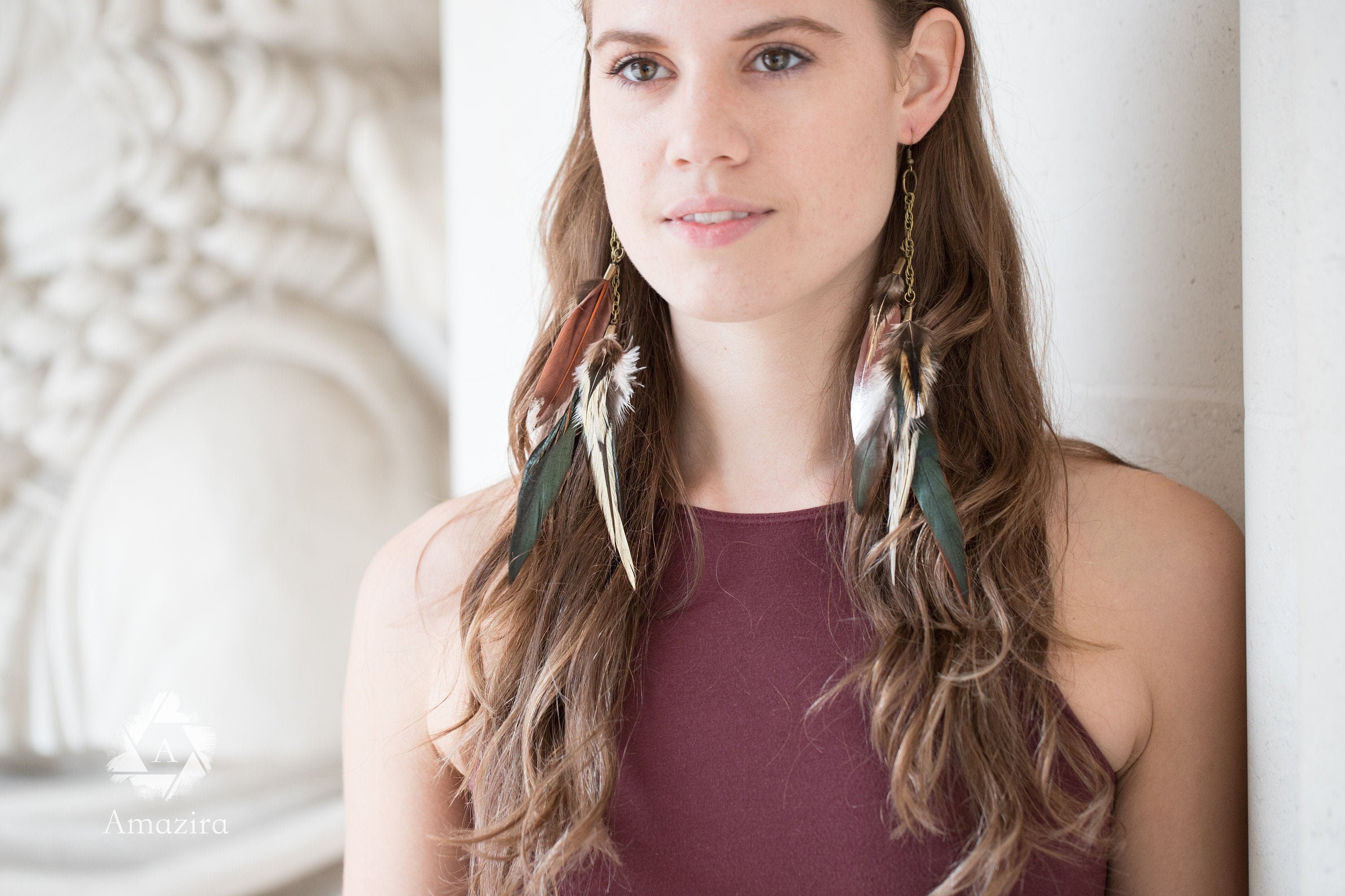 Extra long dangle natural feather earrings