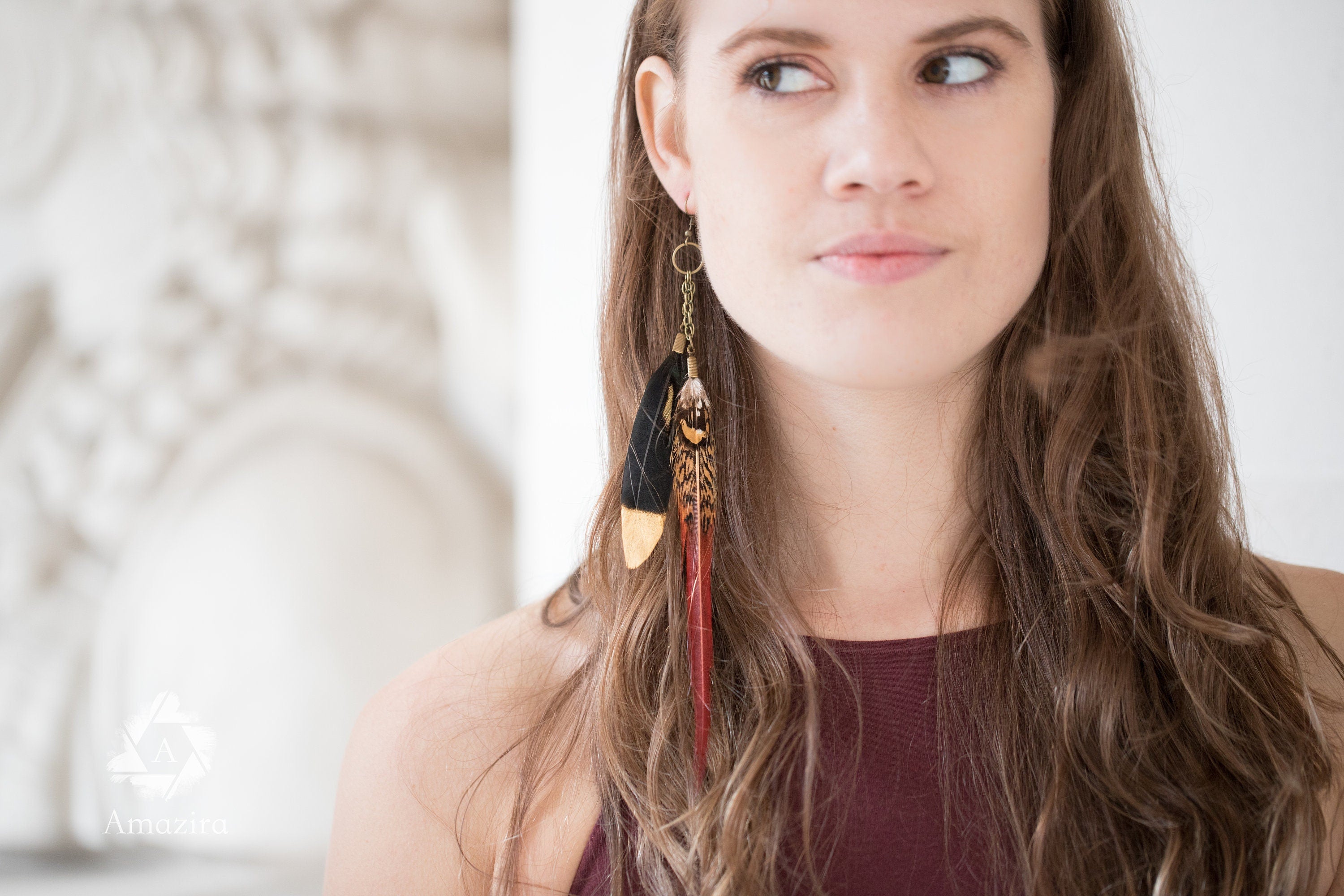 Long Boho Drop Chain Feather Earrings, Unique handmade Burning man dangle Jewelry, Tribal Boho hippie dangley statement, best friend gift,