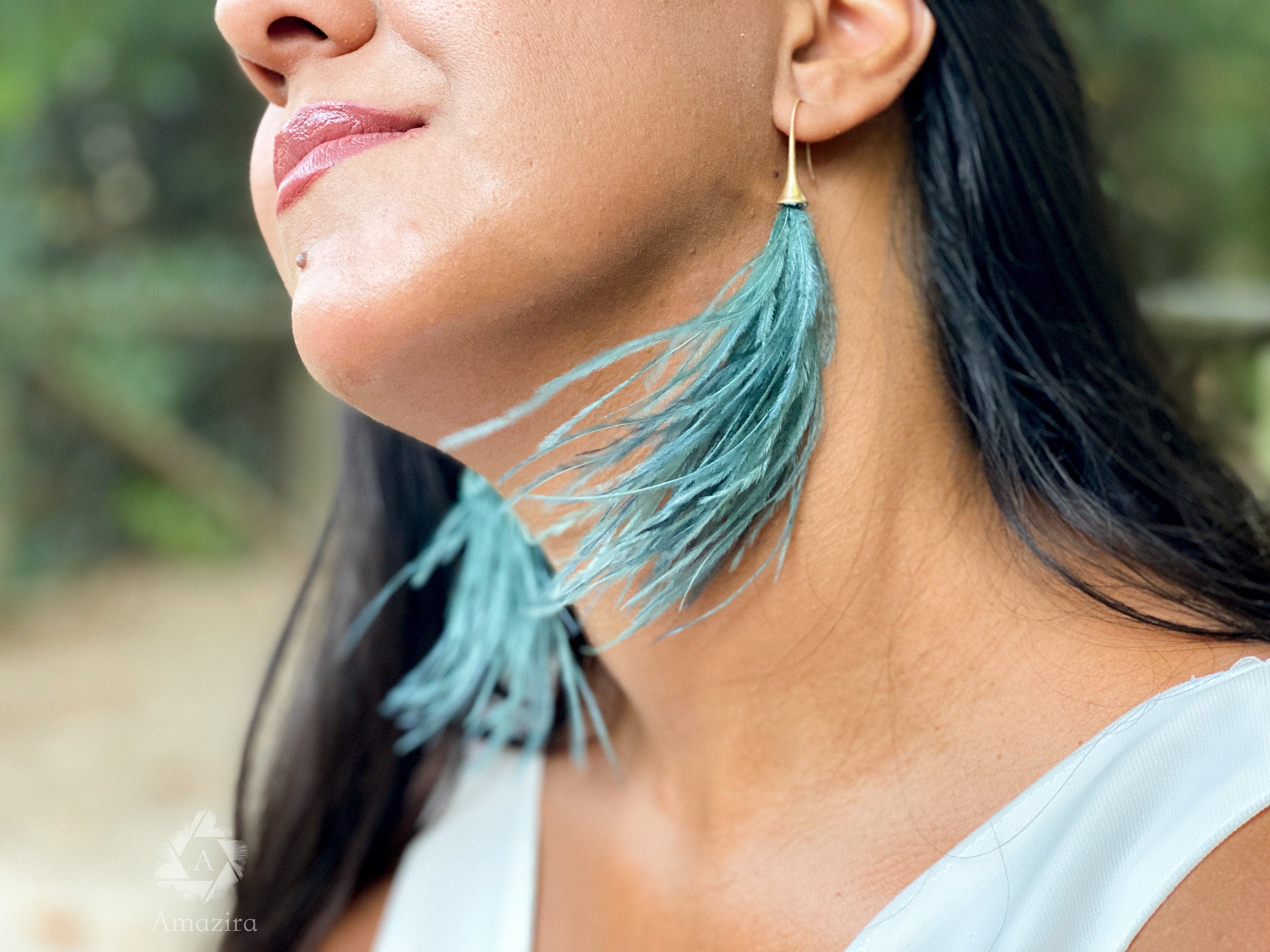 Ostrich earrings, Light long earrings, Dangle tassel earrings, Bohemian summer, Natural feathers,