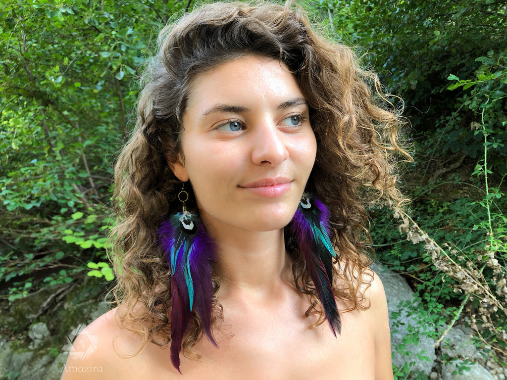 Long purple & blue feather earrings