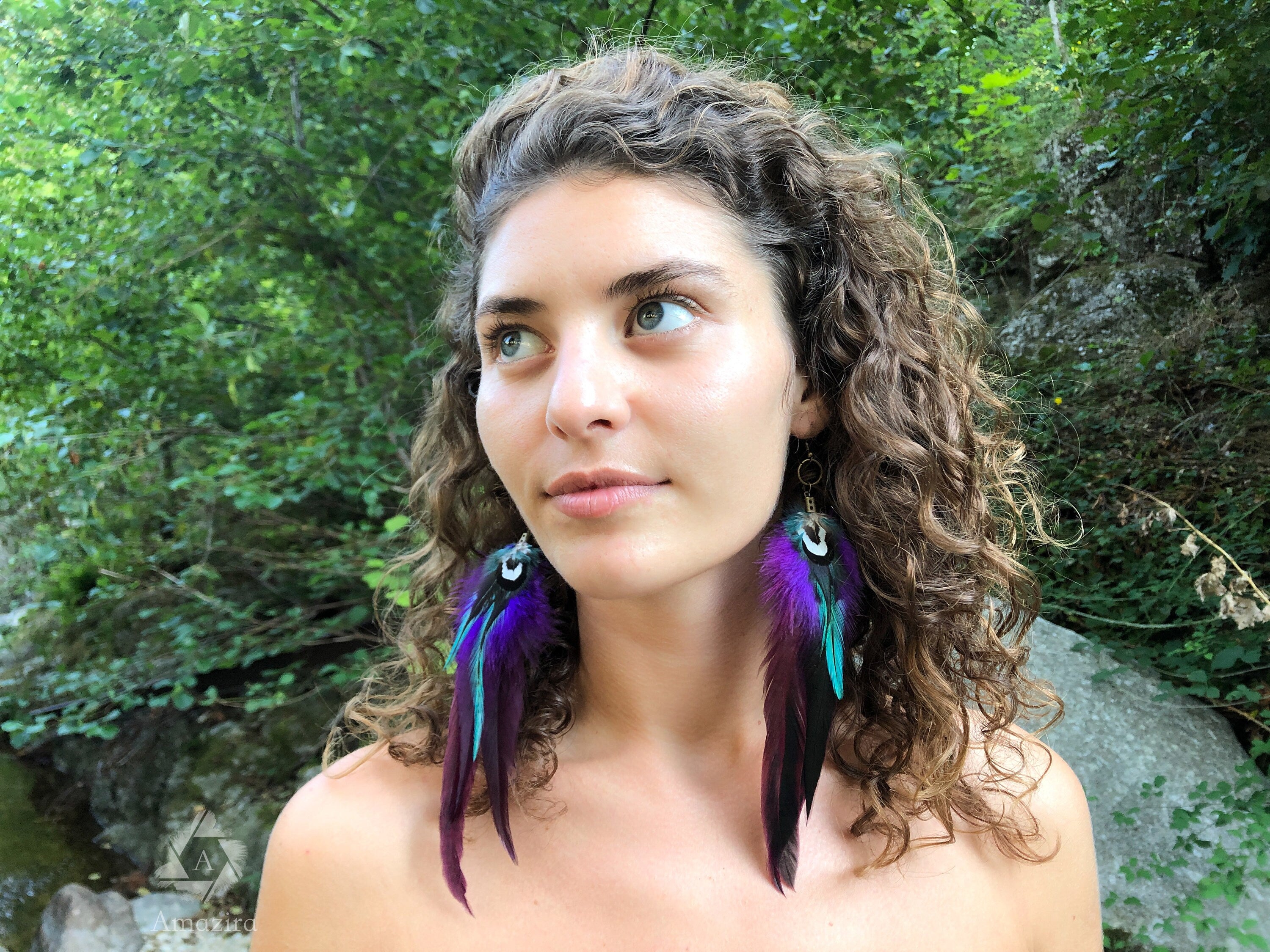 Long purple & blue feather earrings