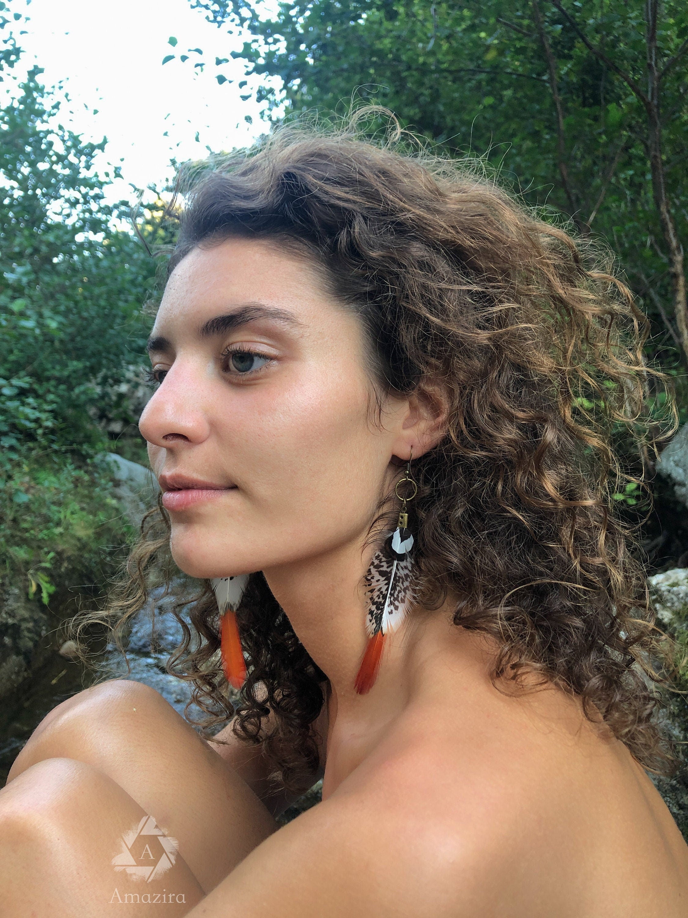 Red tip feather earrings