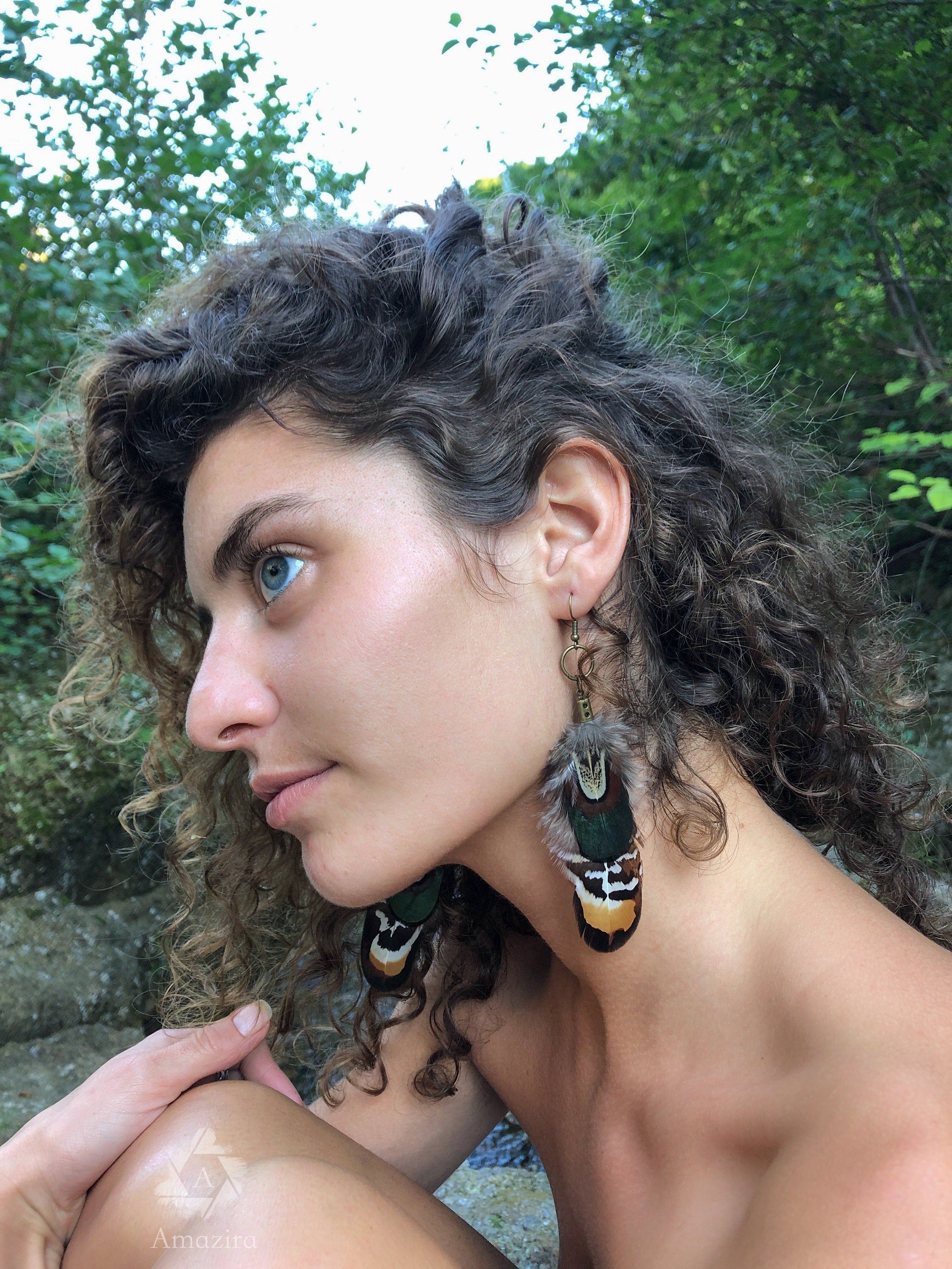 Green & brown real handmade feather earring