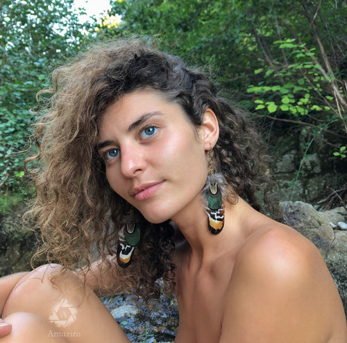 Boucles d'oreilles en plumes faites main vertes et marrons