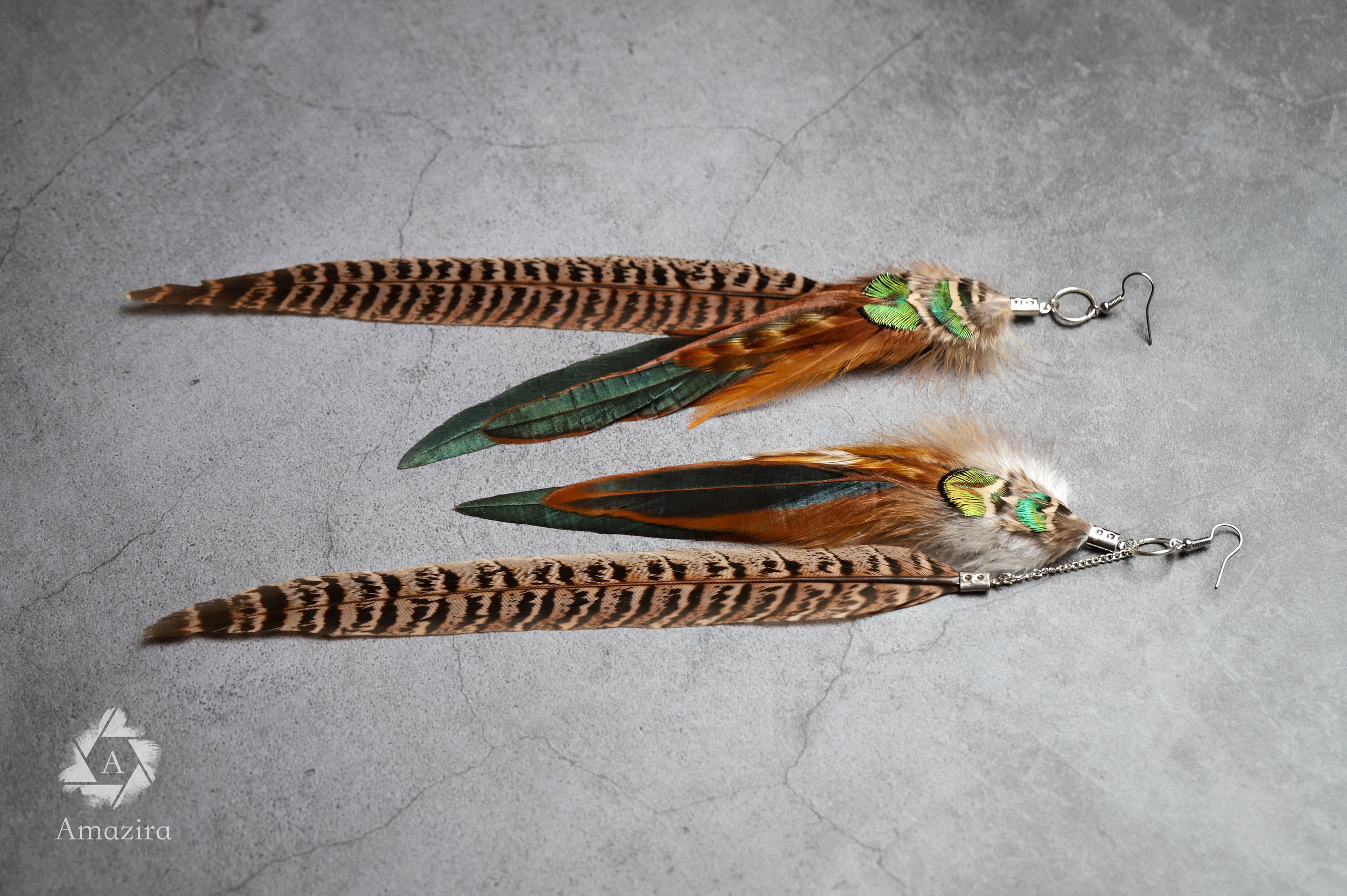 Extra long pheasant and peacock earrings