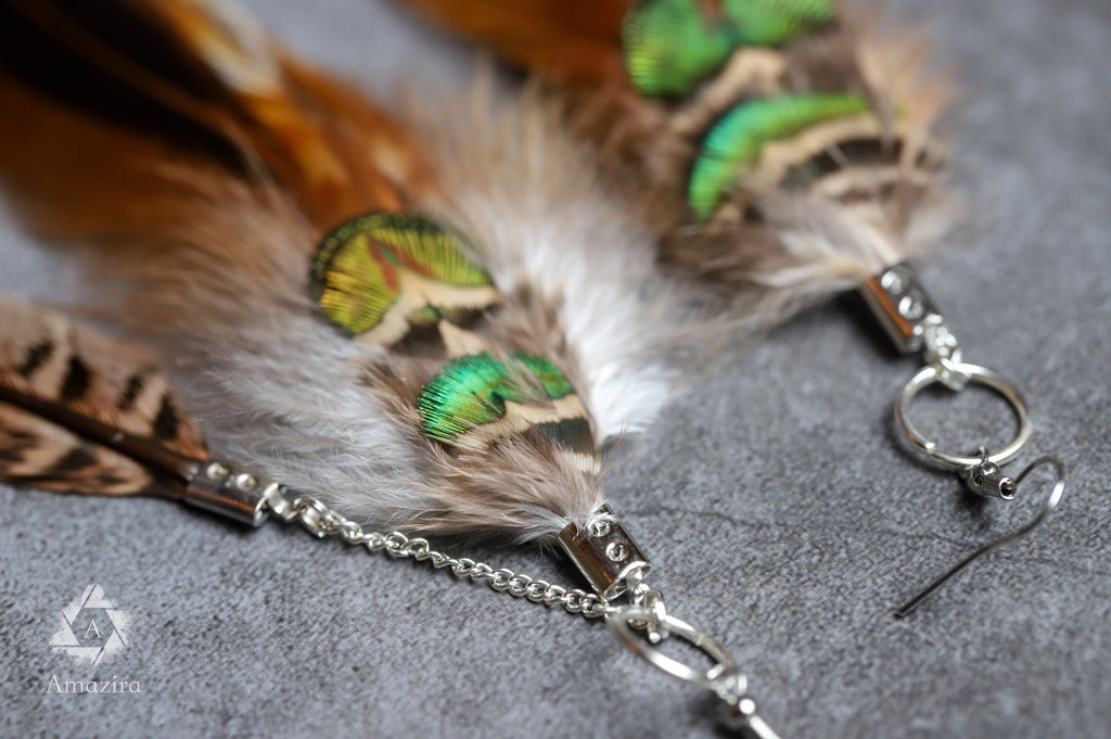Extra long pheasant and peacock earrings