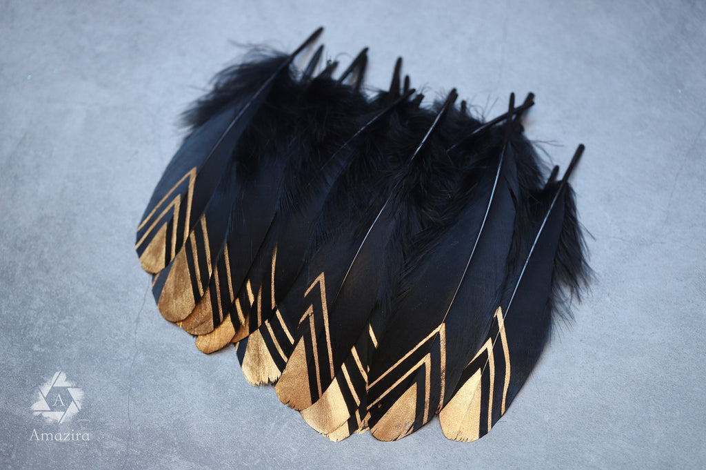 Gold painted pattern black feather, 15-20 cm, 6-8 inches