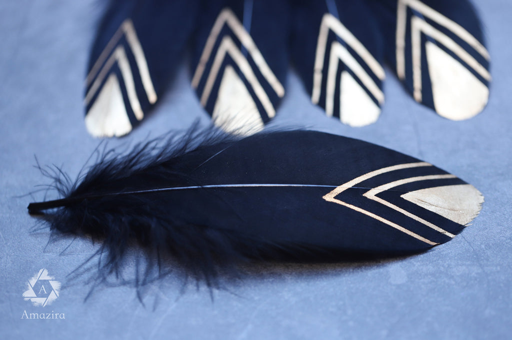 Gold painted pattern black feather, 15-20 cm, 6-8 inches