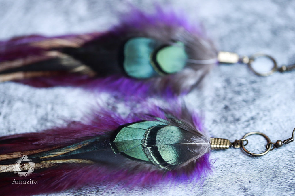 Purple and green drop feather earrings