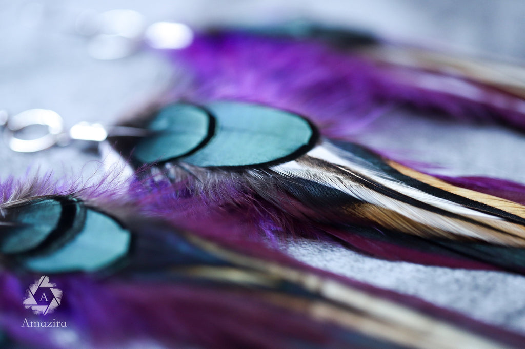 Purple and green drop feather earrings