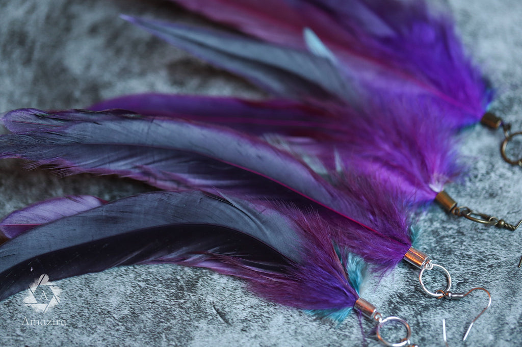 Long purple & blue feather earrings