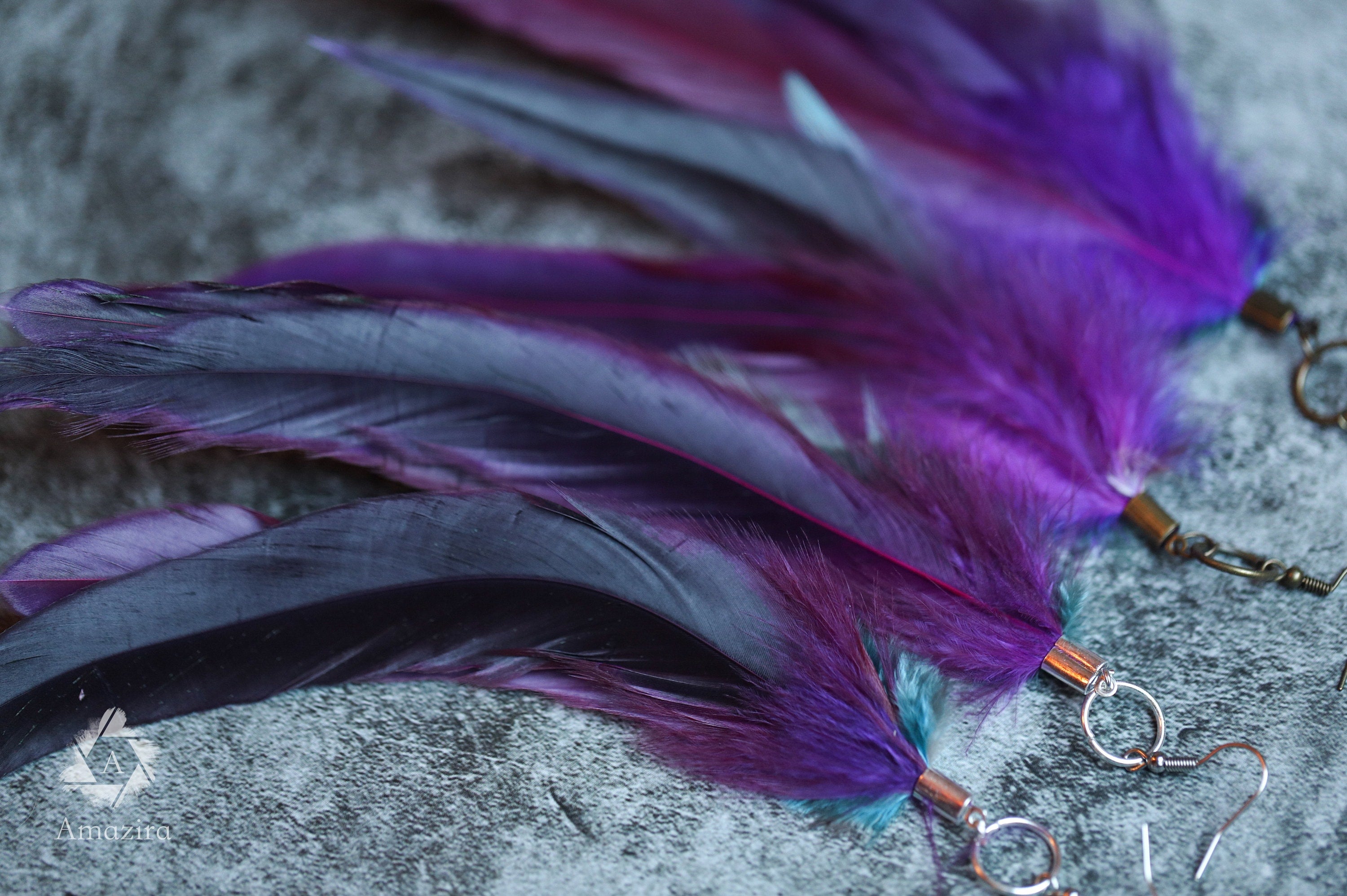 Long purple & blue feather earrings