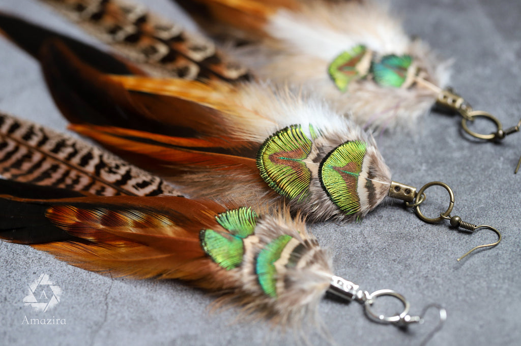 Extra long pheasant and peacock earrings