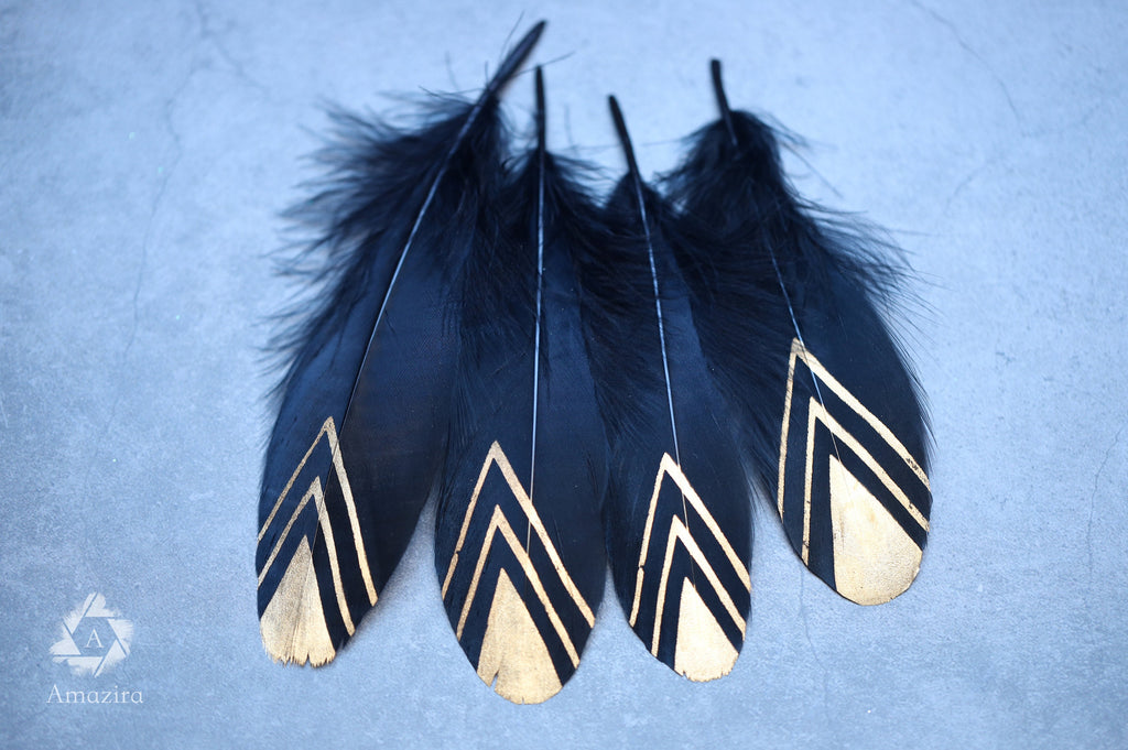 Gold painted pattern black feather, 15-20 cm, 6-8 inches