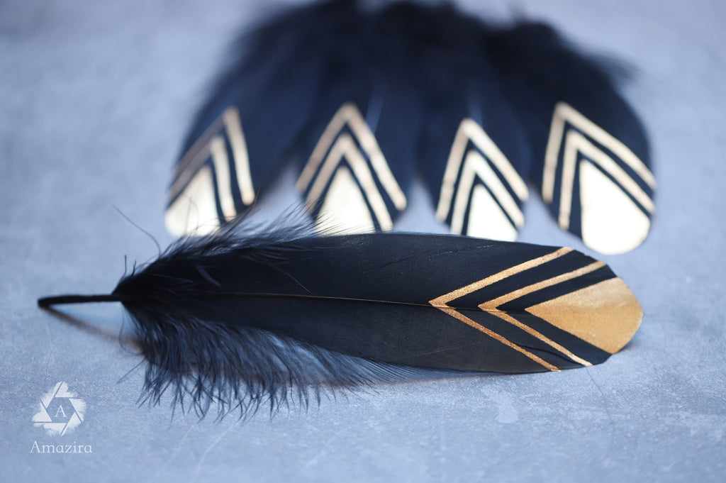 Gold painted pattern black feather, 15-20 cm, 6-8 inches