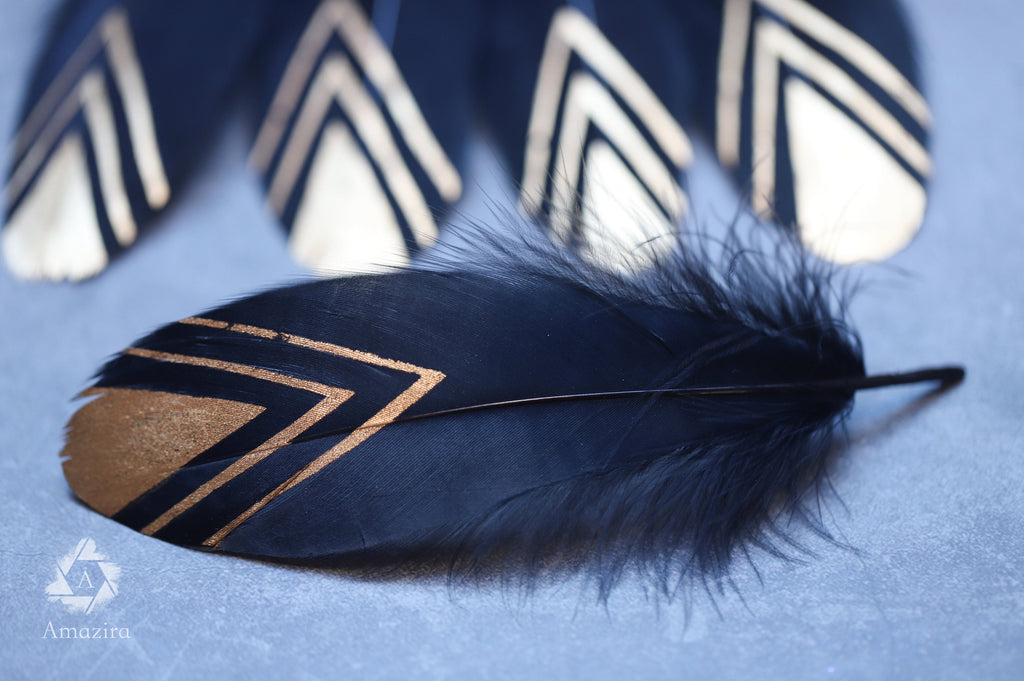 Gold painted pattern black feather, 15-20 cm, 6-8 inches