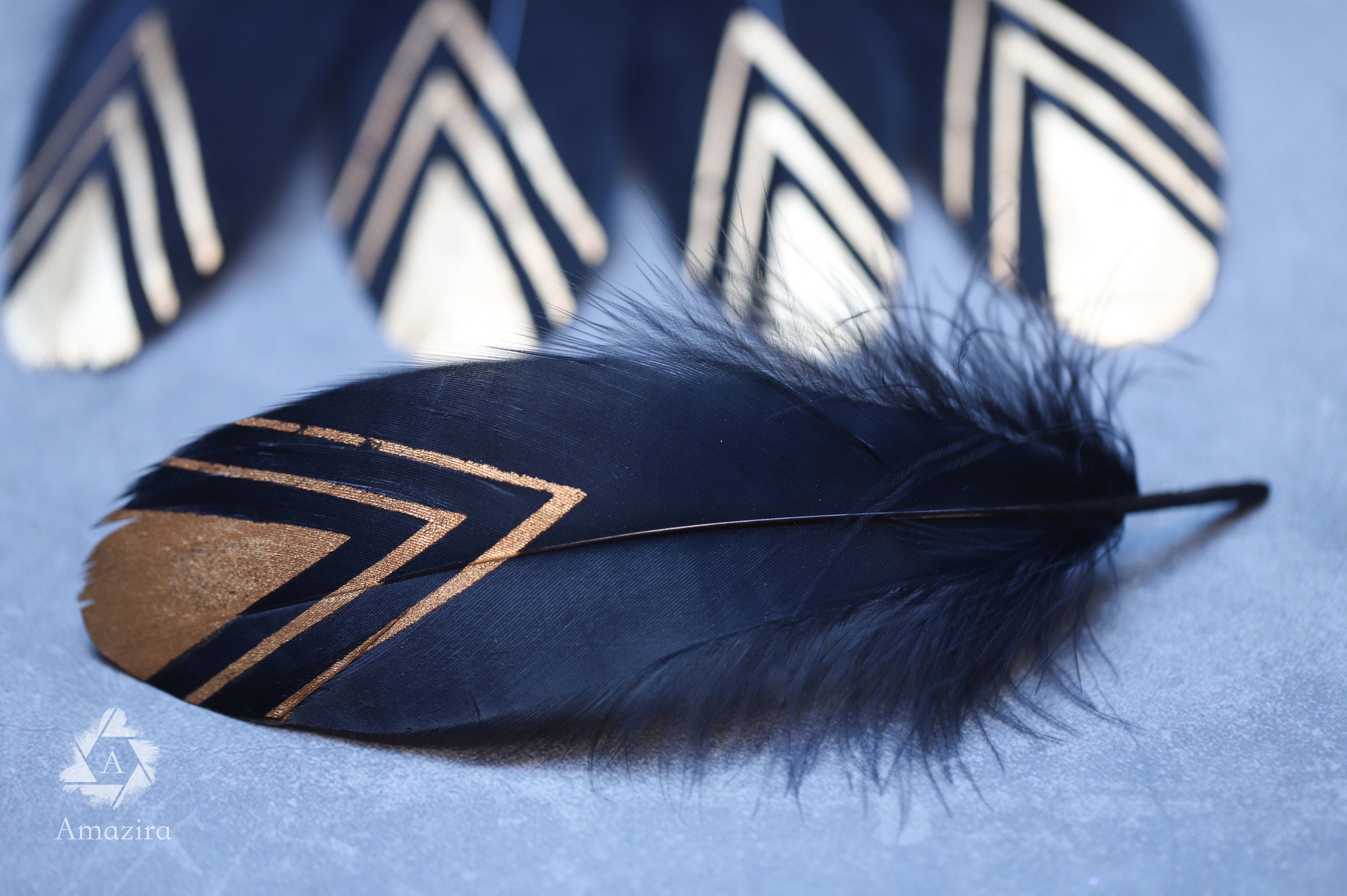 Gold painted pattern black feather, 15-20 cm, 6-8 inches