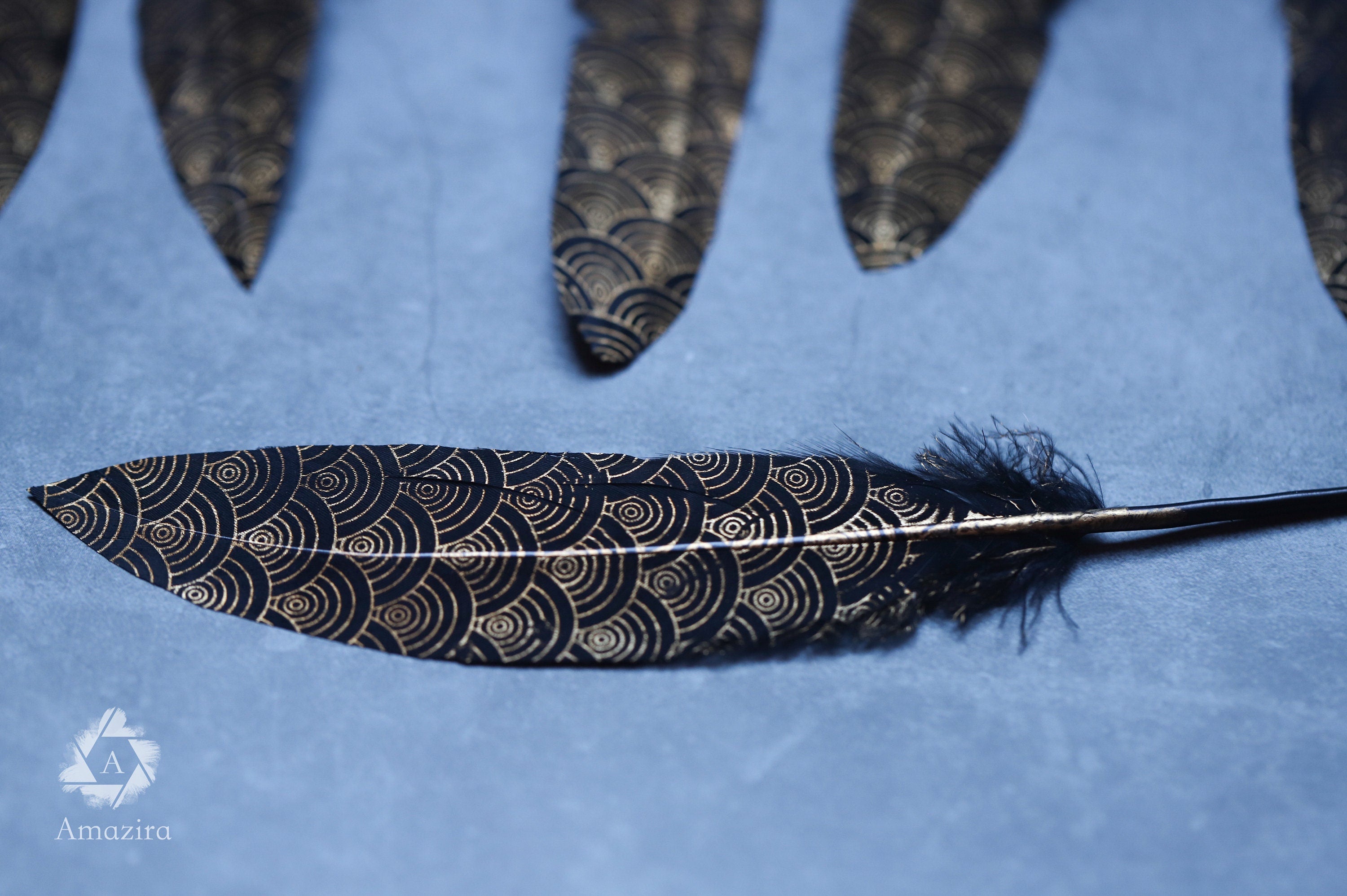 Gold painted pattern black feathers, 17-20 cm, 6-8 inches