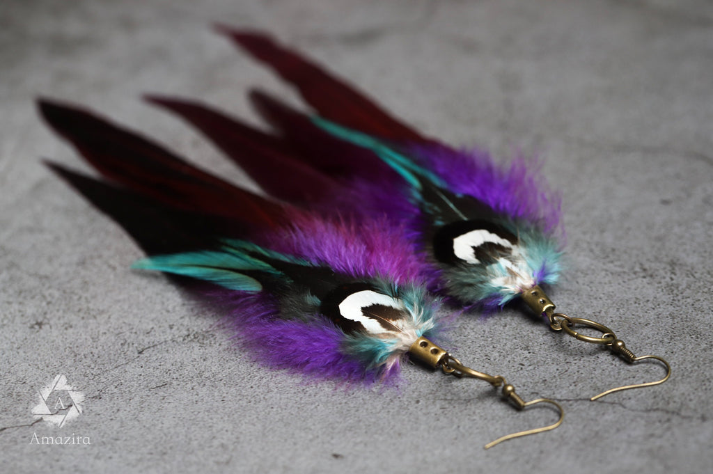 Long purple & blue feather earrings