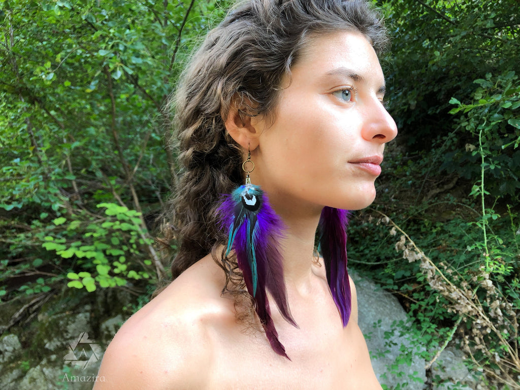 Long purple & blue feather earrings