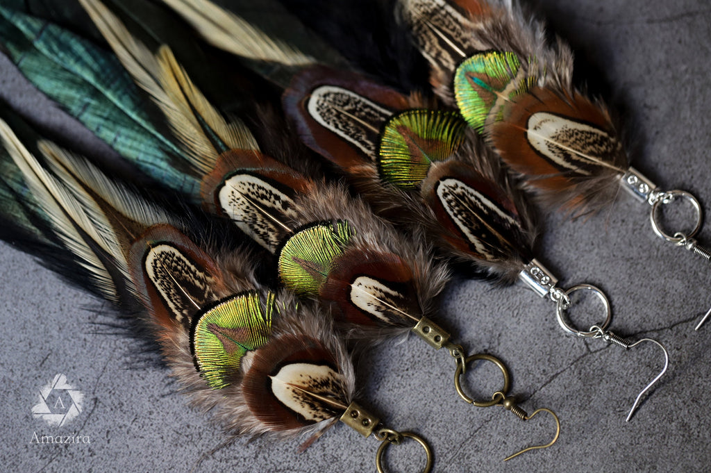 Long earrings, Black & green iridescent boho feather earring, Natural bird feathers, Handmade Summer earrings, Long Drop festival jewellery