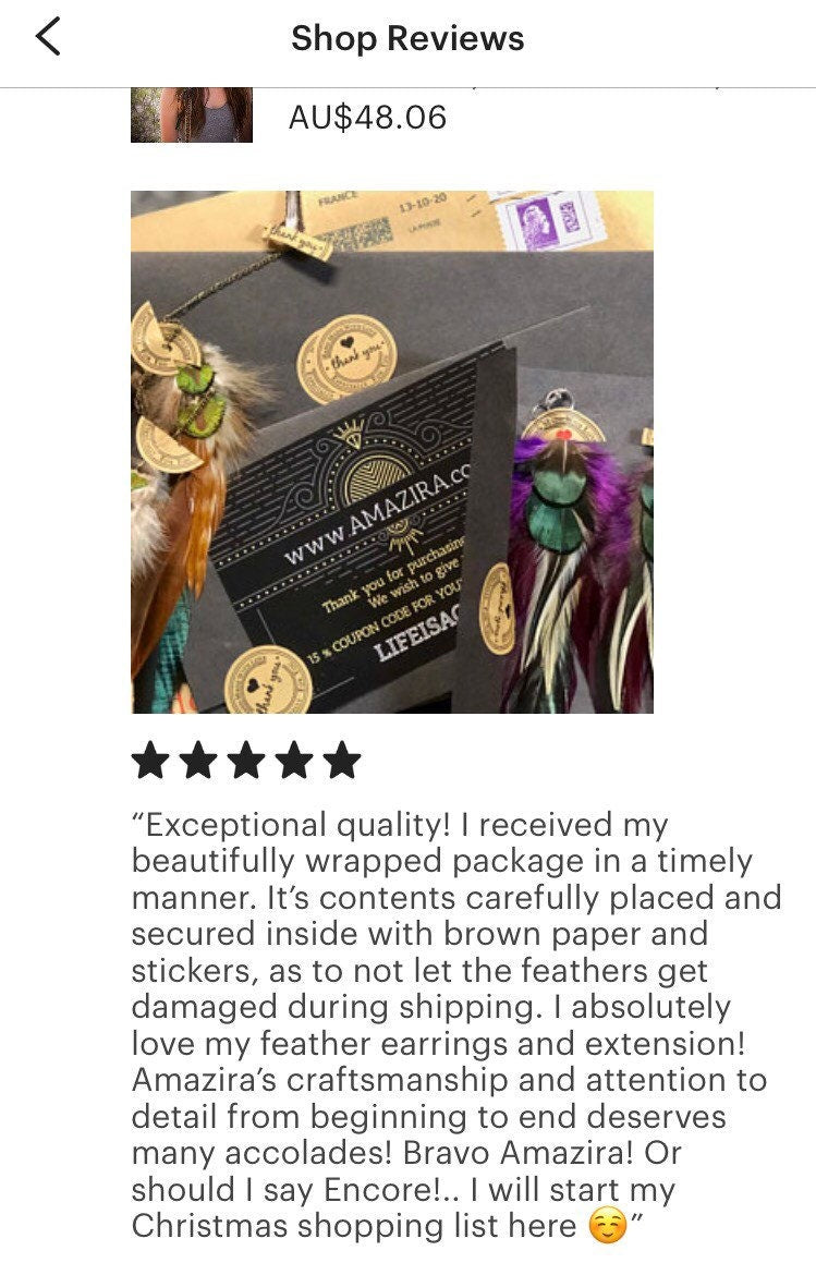 Purple and green drop feather earrings