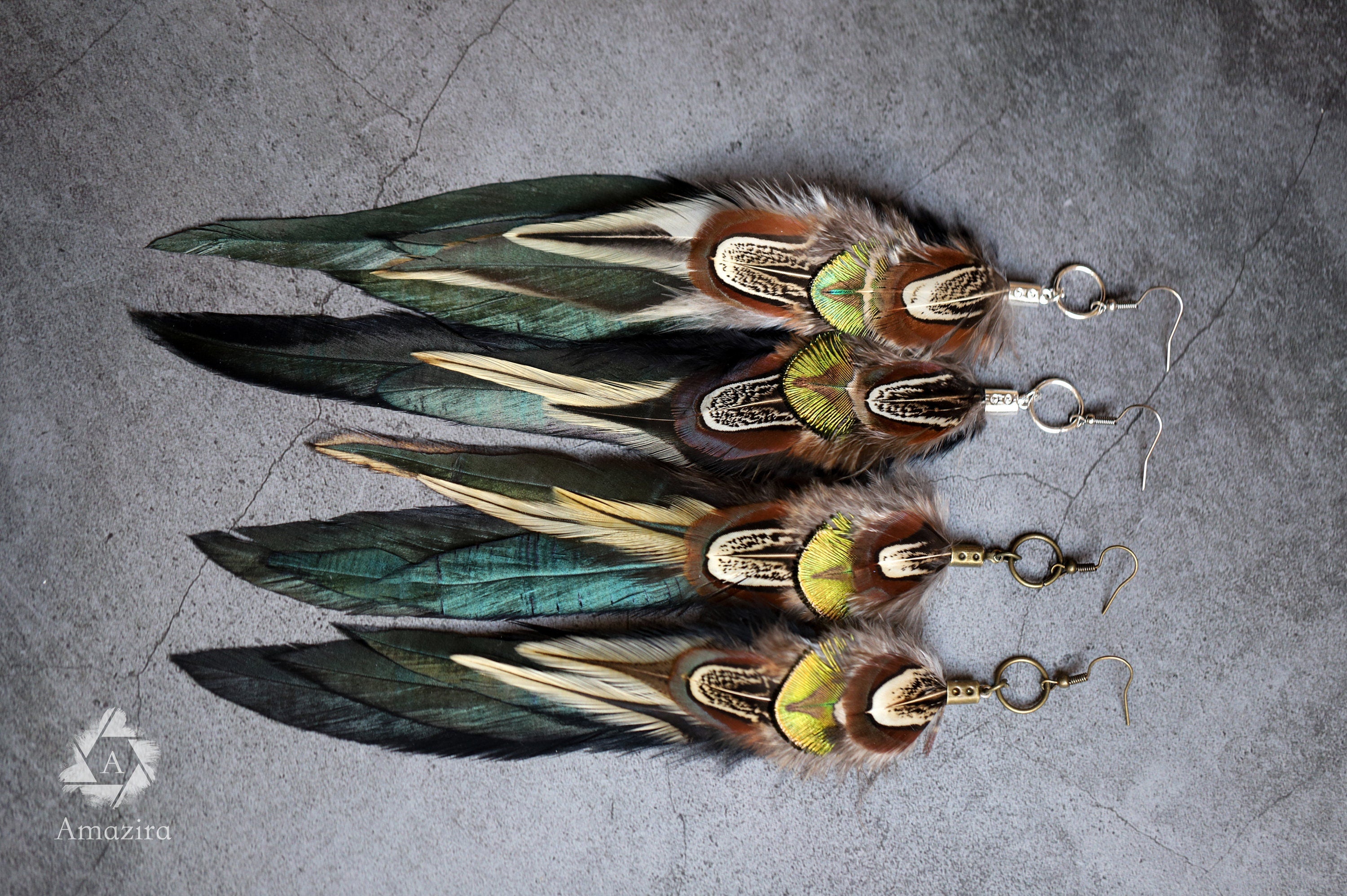 Long earrings, Black & green iridescent boho feather earring, Natural bird feathers, Handmade Summer earrings, Long Drop festival jewellery