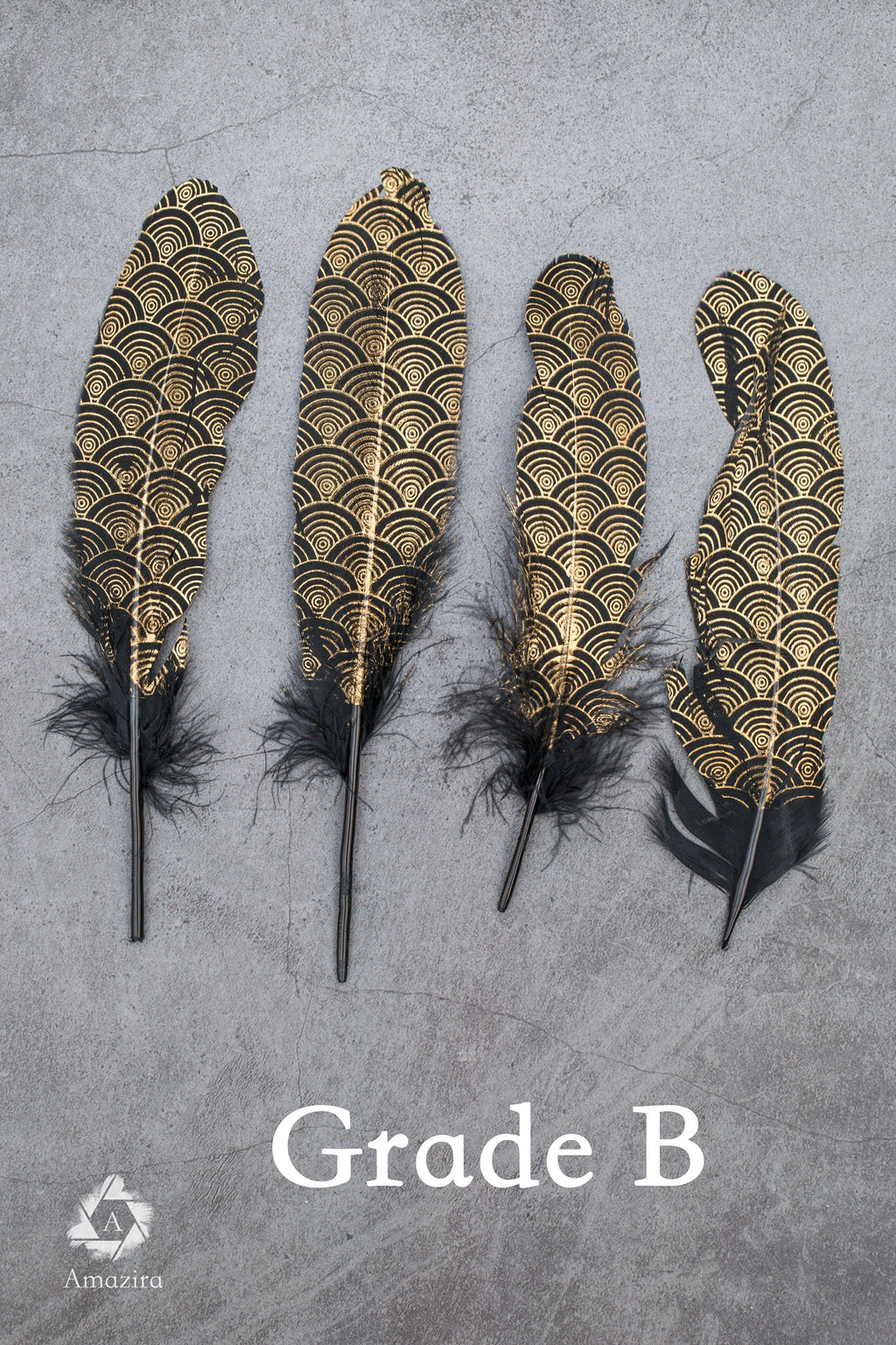 Gold painted pattern black feathers, 17-20 cm, 6-8 inches