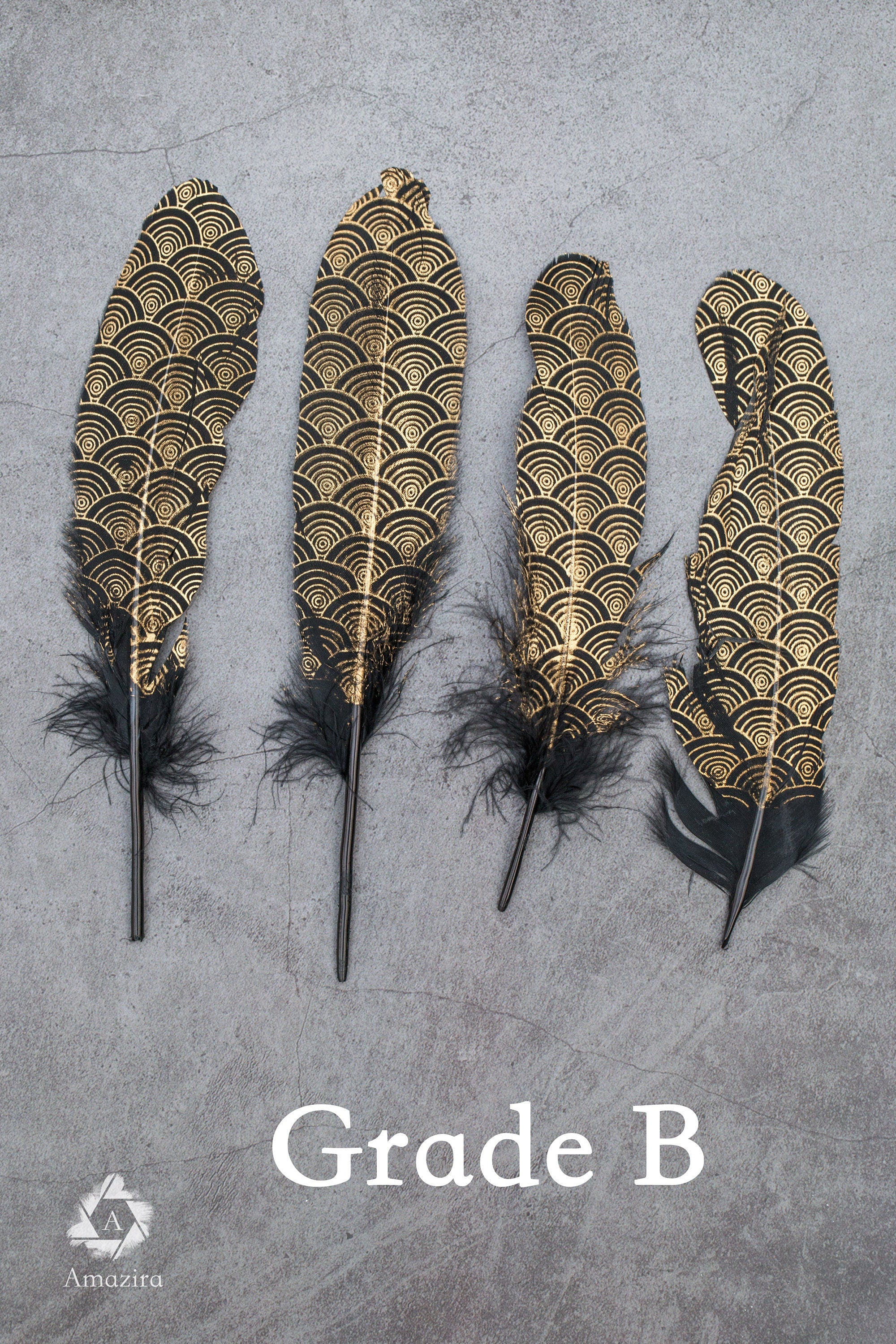 Gold painted pattern black feathers, 17-20 cm, 6-8 inches