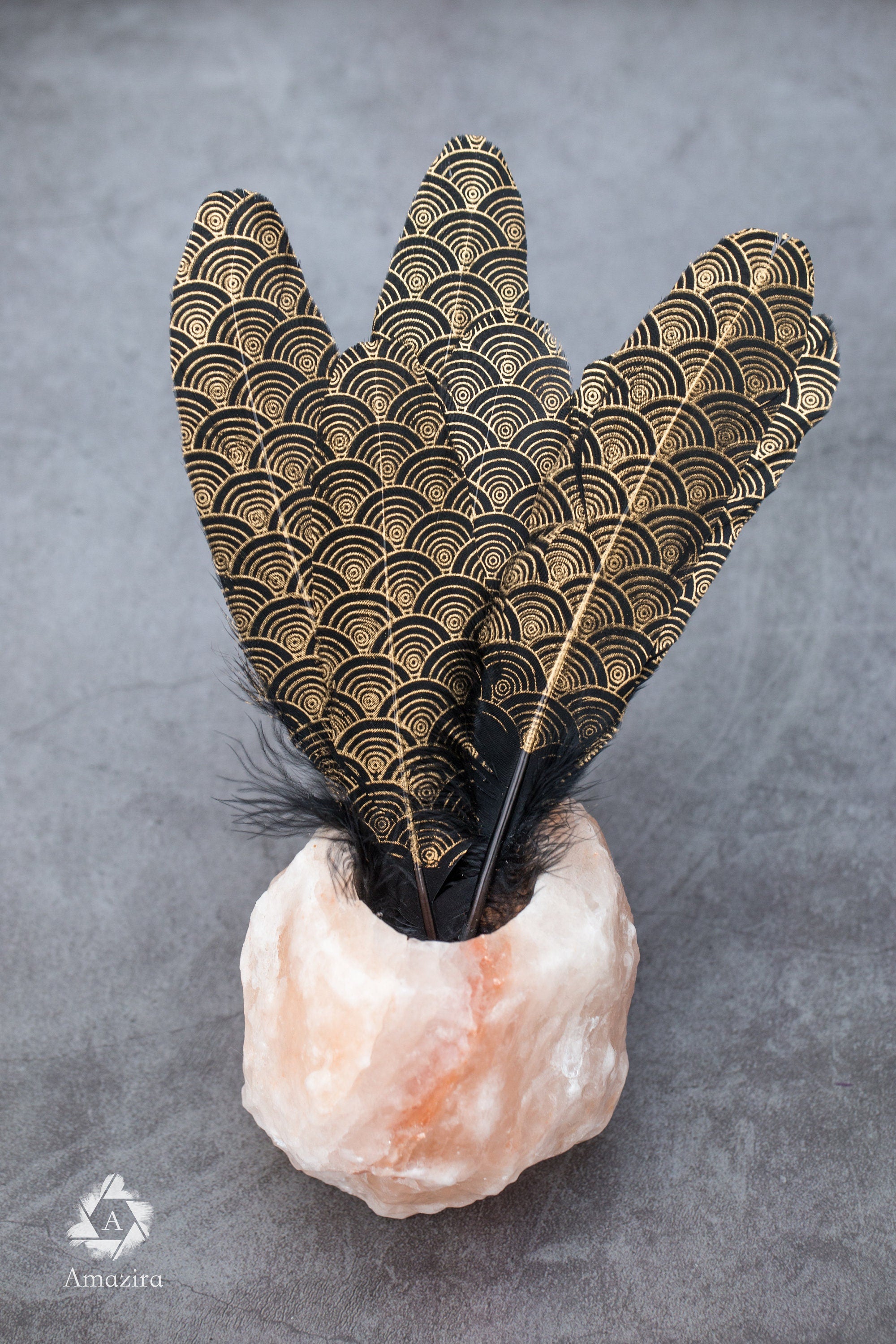 Gold painted pattern black feathers, 17-20 cm, 6-8 inches