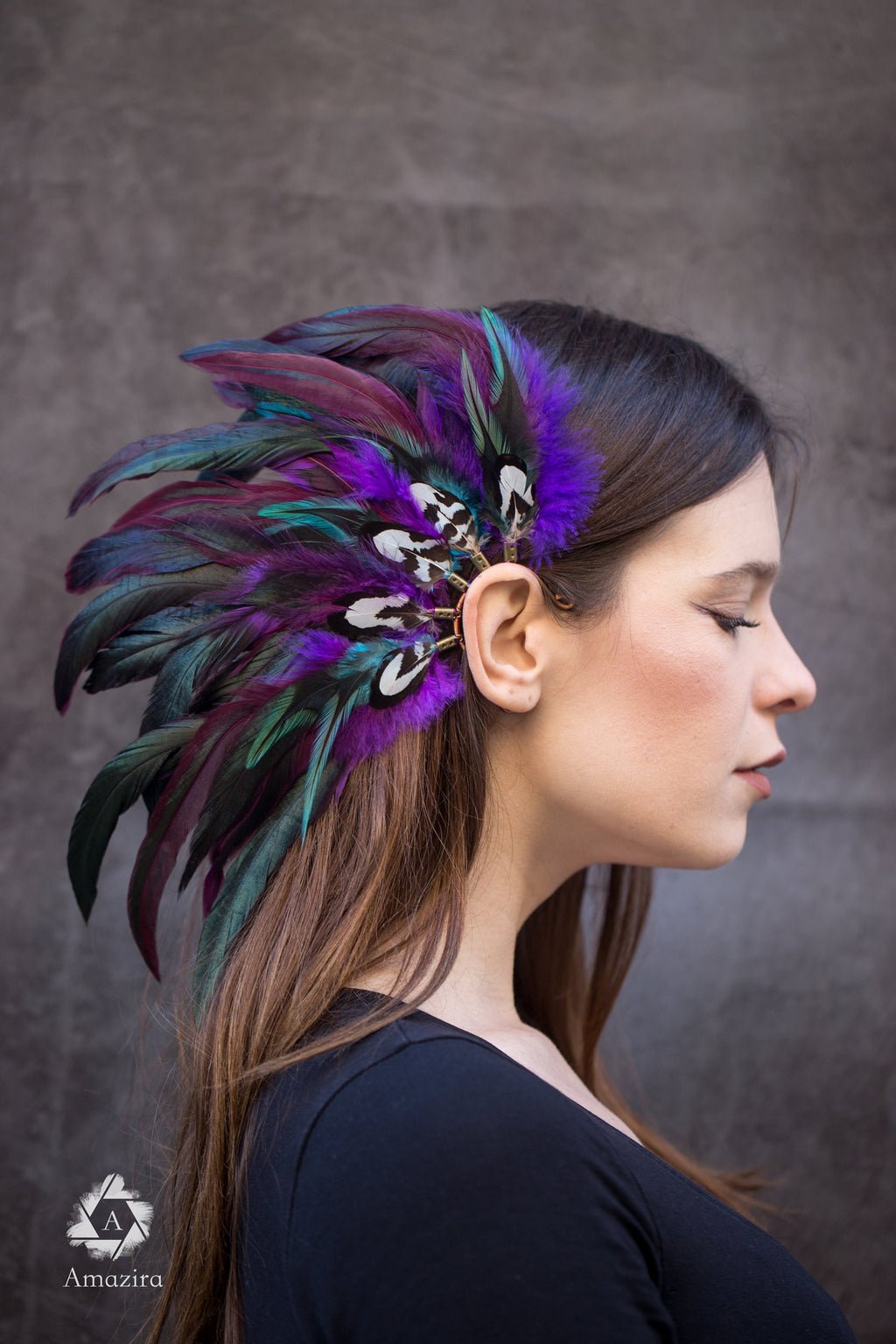 Purple and blue Natural Feather Ear cuff