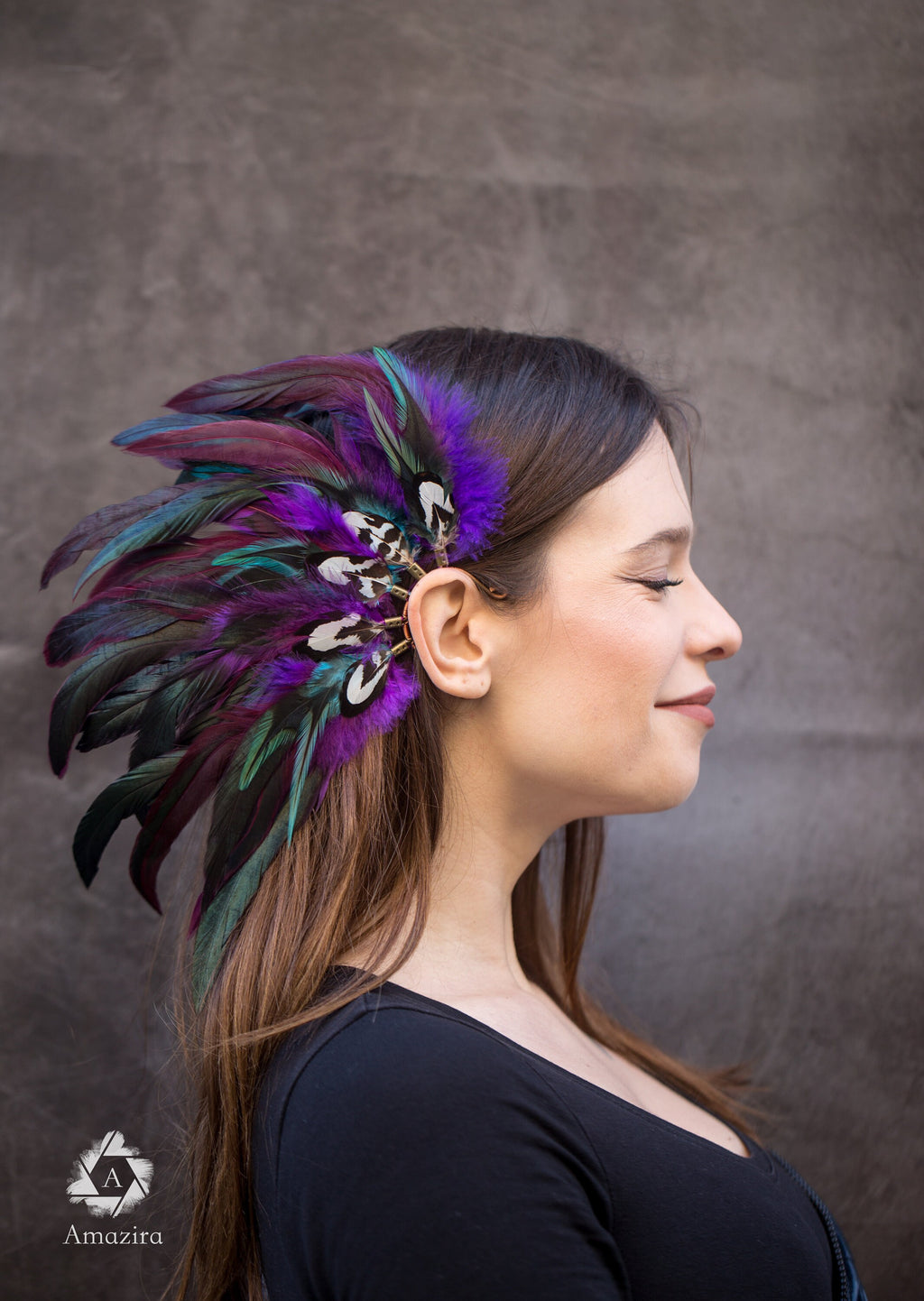Purple and blue Natural Feather Ear cuff