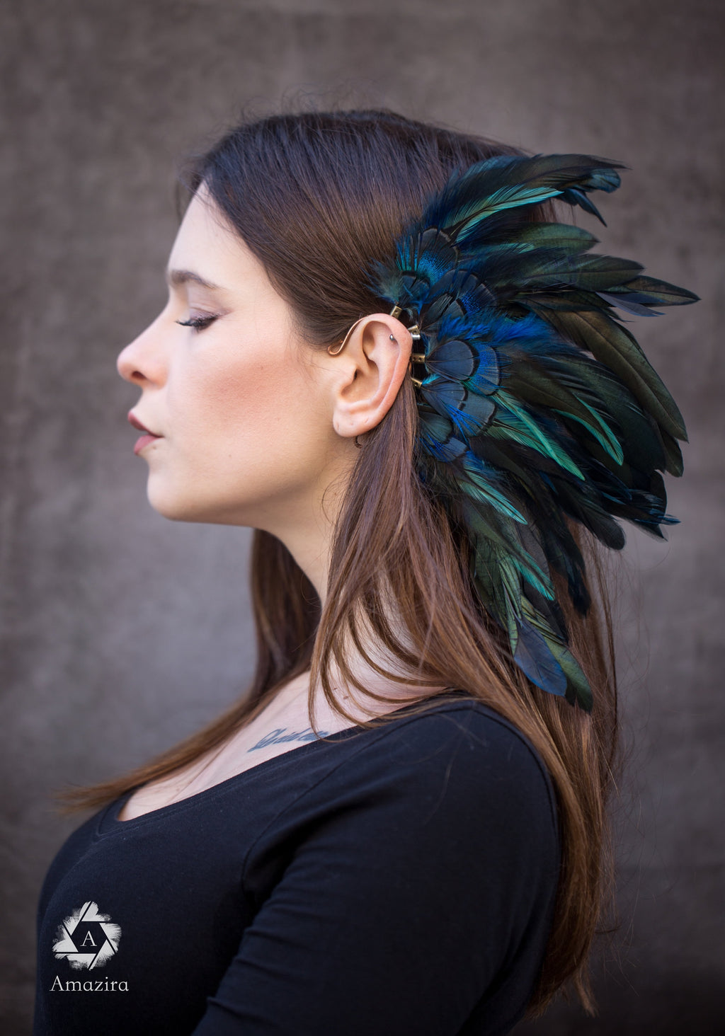Blue feather ear cuff pierceless earring