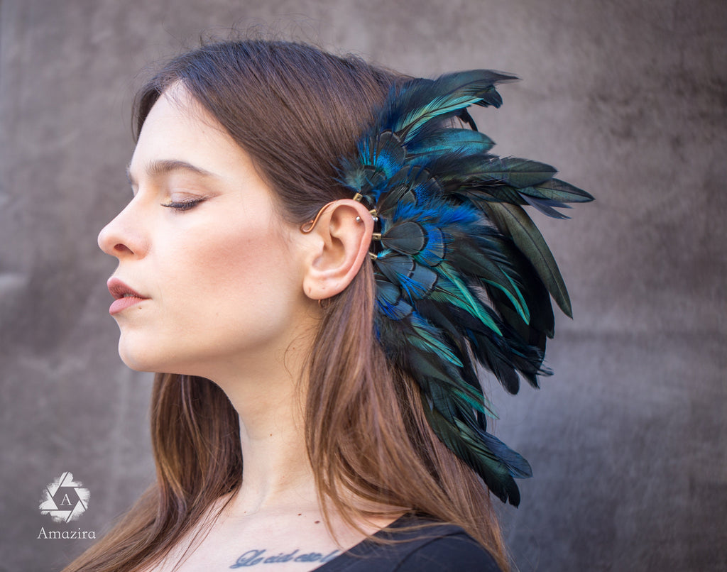 Blue feather ear cuff pierceless earring