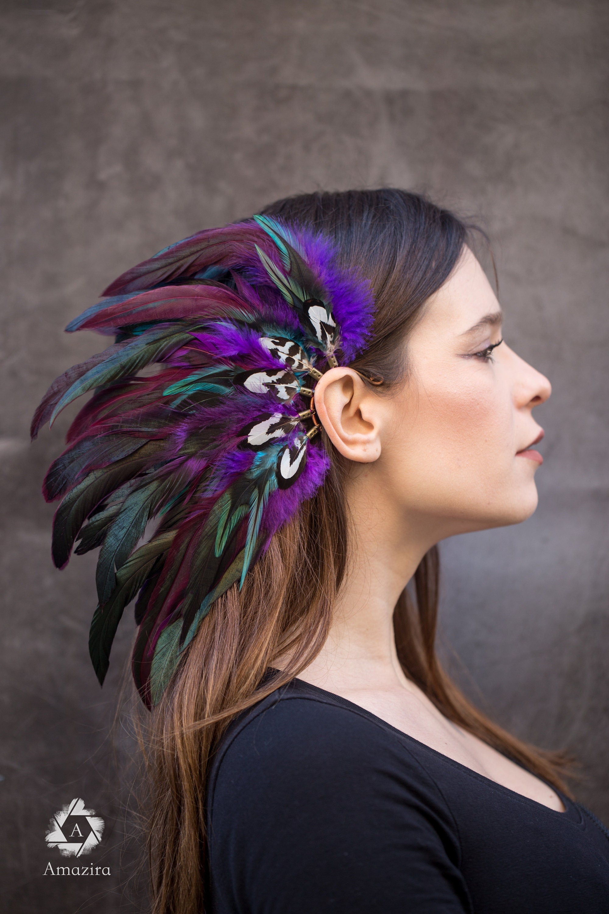 Purple and blue Natural Feather Ear cuff