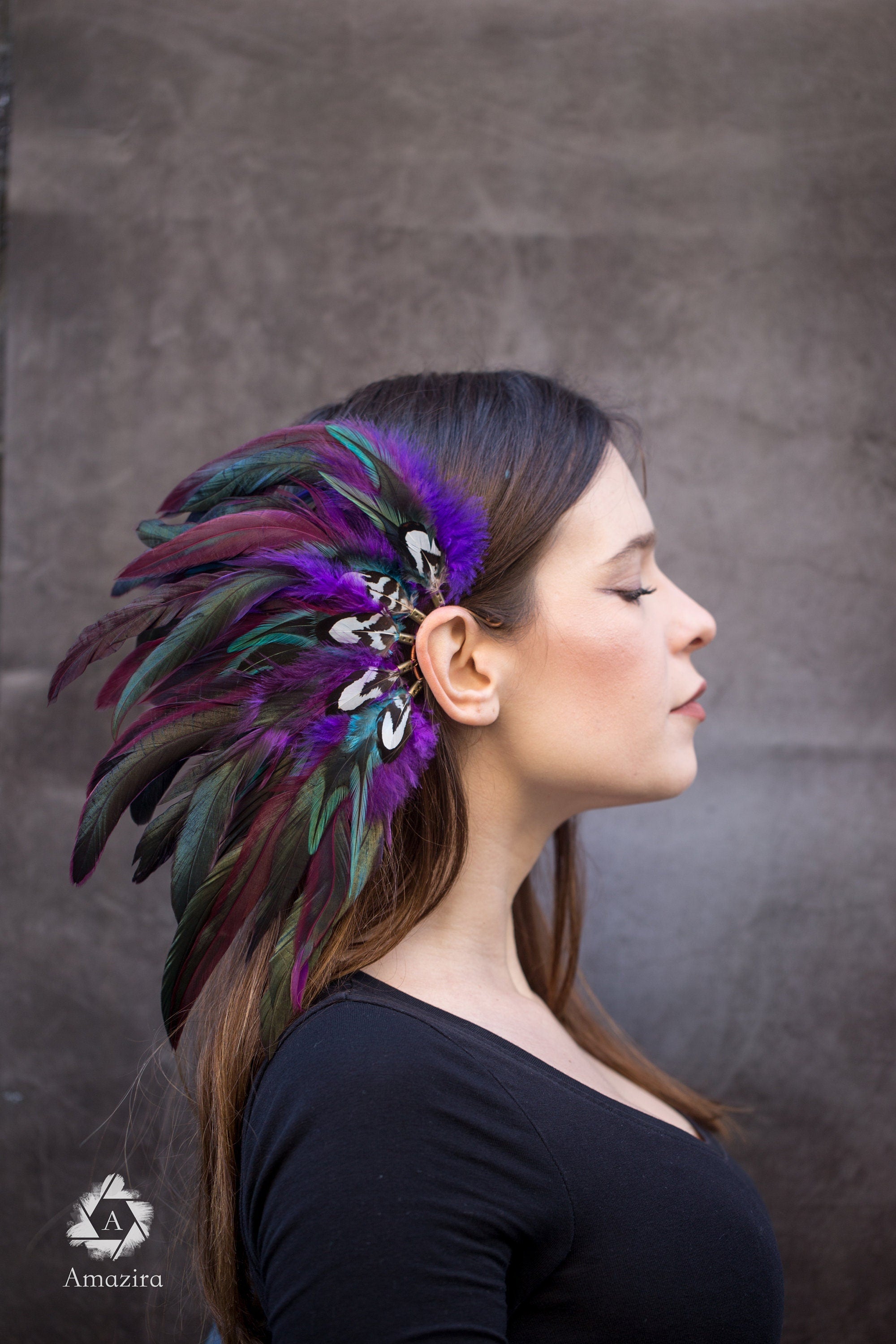 Purple and blue Natural Feather Ear cuff