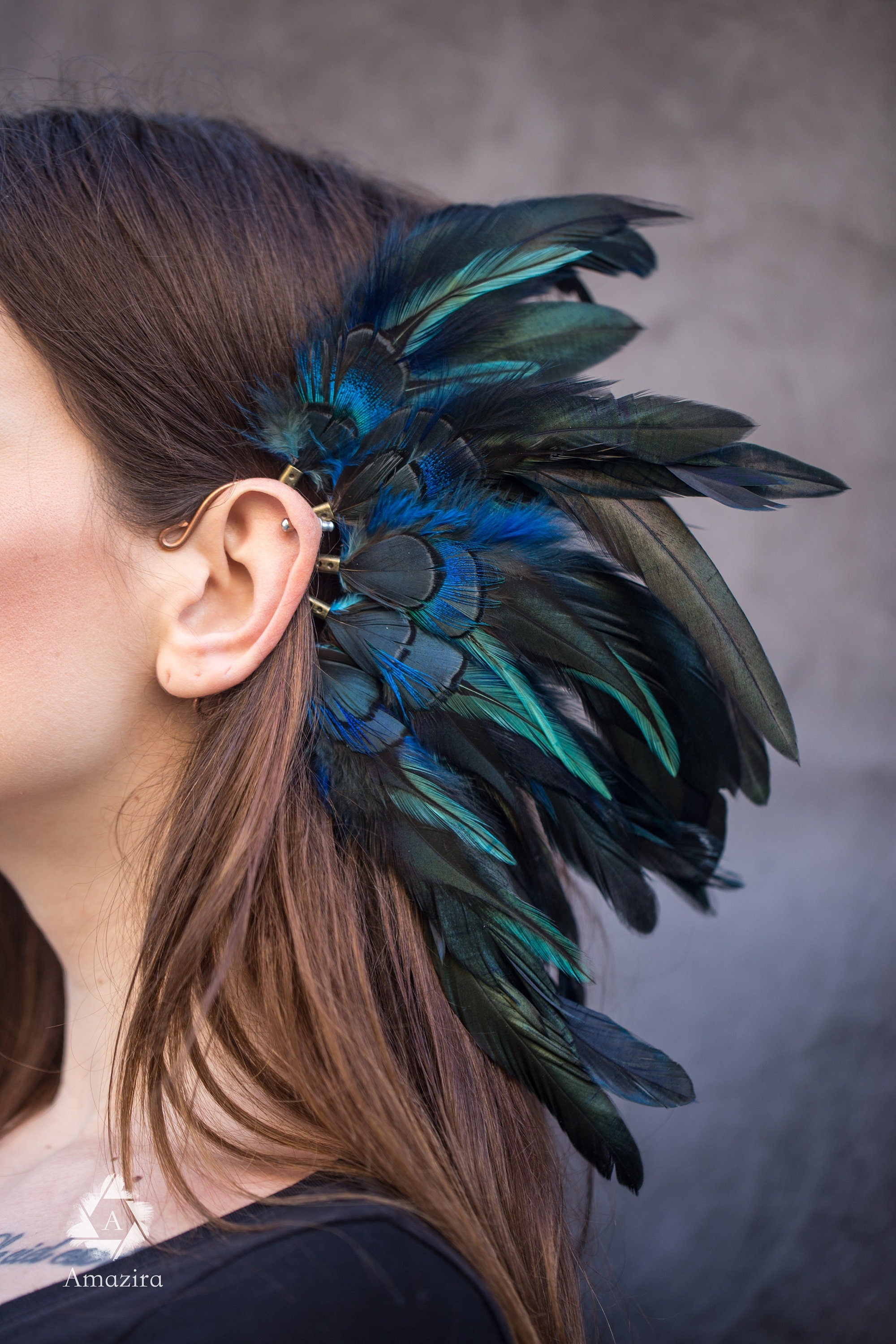 Blue feather ear cuff pierceless earring