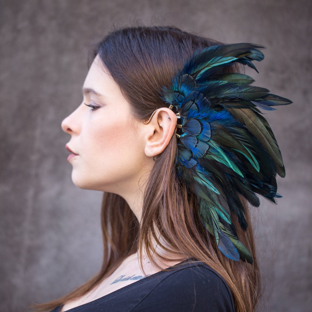 Blue feather ear cuff pierceless earring