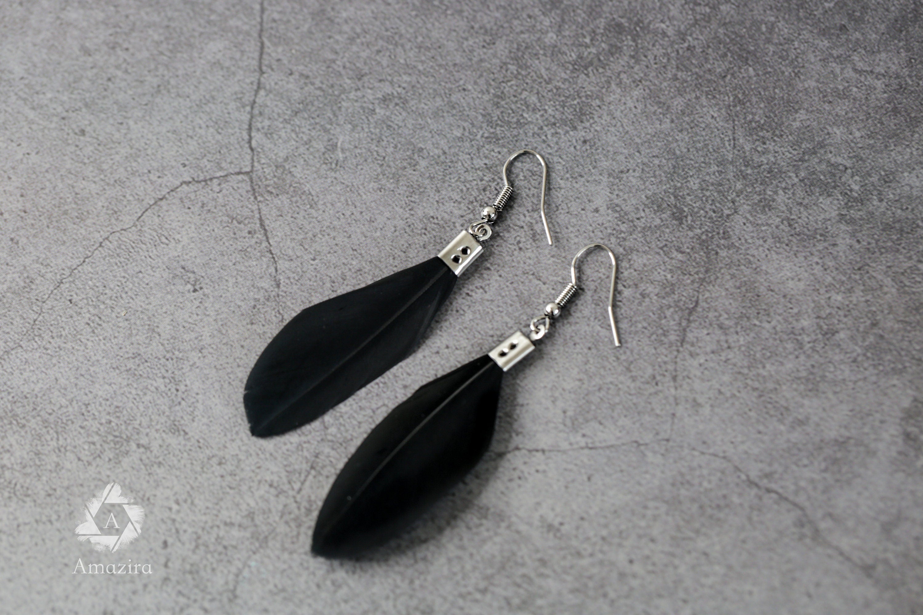 Small delicate black handmade feather earrings