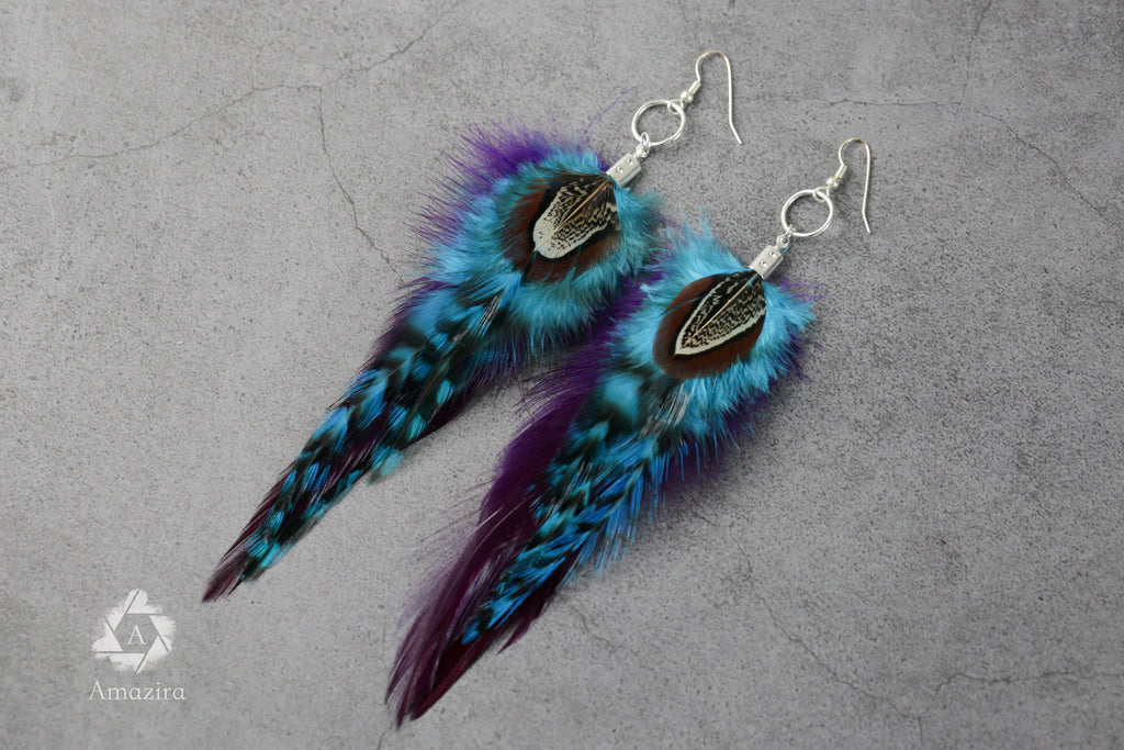Blue and purple stripped fluffy feather earrings